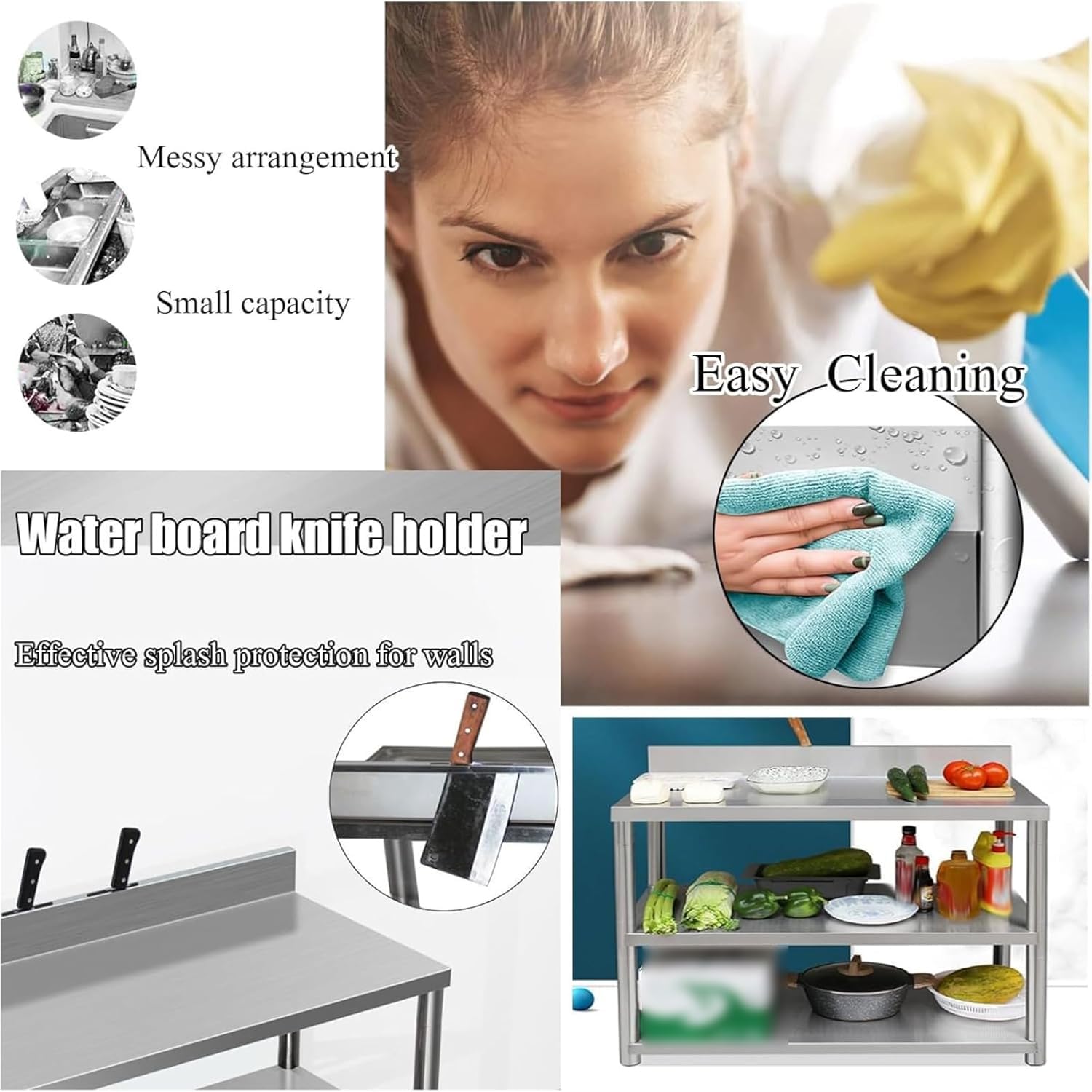 Mesa de trabajo de acero inoxidable, mesa de preparación resistente para cocina, restaurante y uso doméstico, banco de trabajo de cocina duradero para preparación de alimentos, superficie fácil de