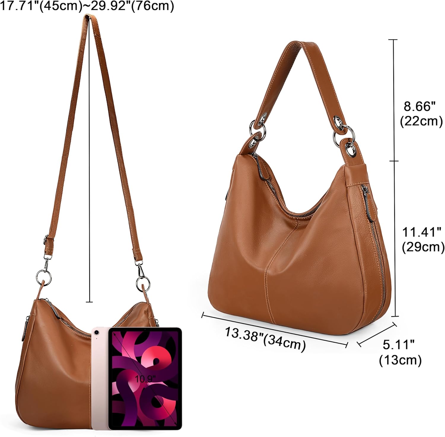 YALUXE Women's Genuine Leather Shoulder Bag Multi-Pocket Handbag Purse with Two Straps Wide Handle for Comfortable Carry