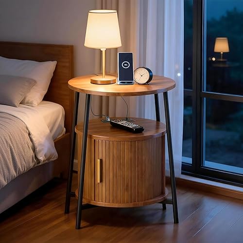 Miniatura 2 de Juego de 2 mesas auxiliares y estación de carga, mesa auxiliar estriada con puerta corredera, juego de 2 mesitas de noche modernas de mediados de