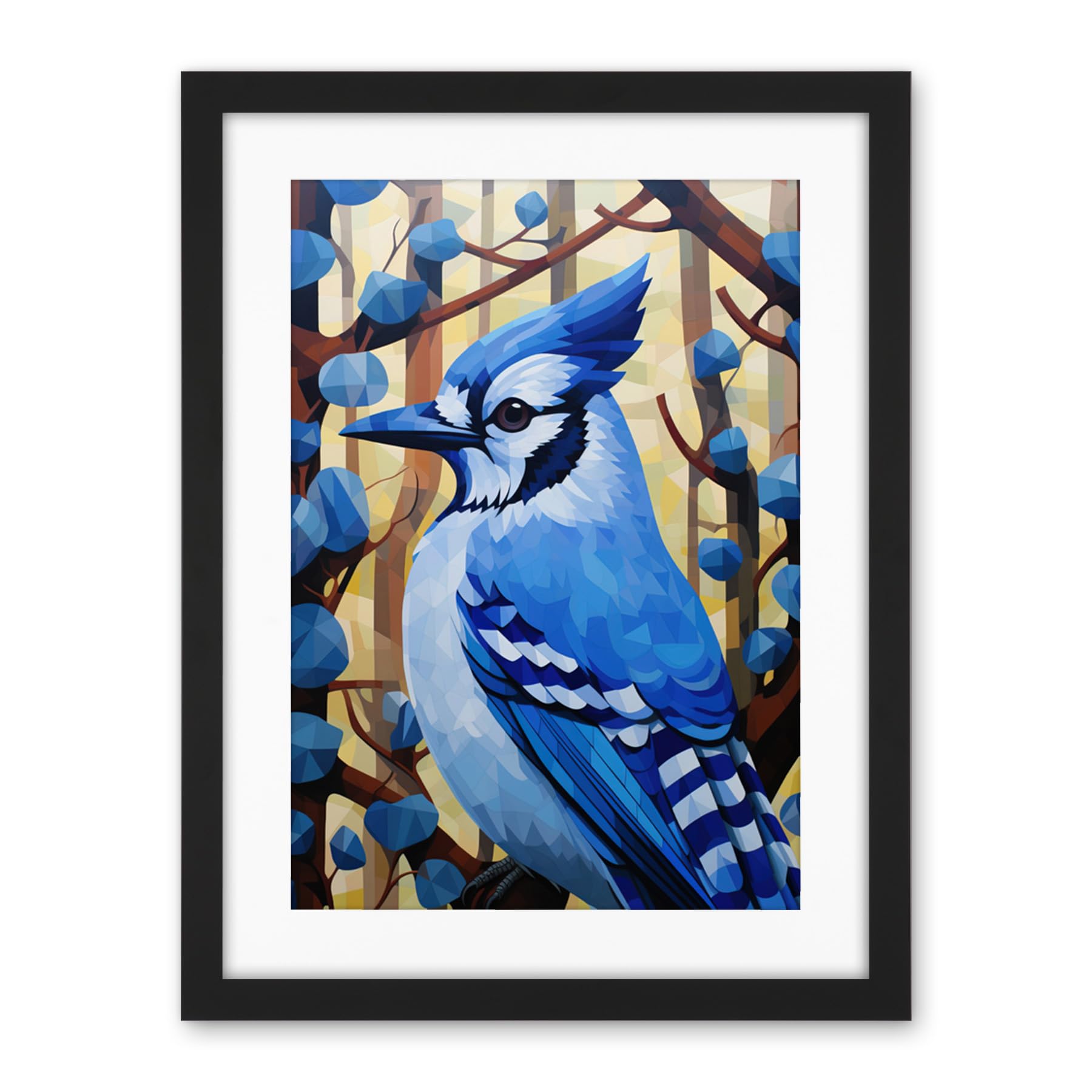 Artery8 Blue Jay Geometric Artwork Wild Bird Perched on Tree Polygonal Forest Landscape Artwork Framed Wall Art Print 18X24 Inch