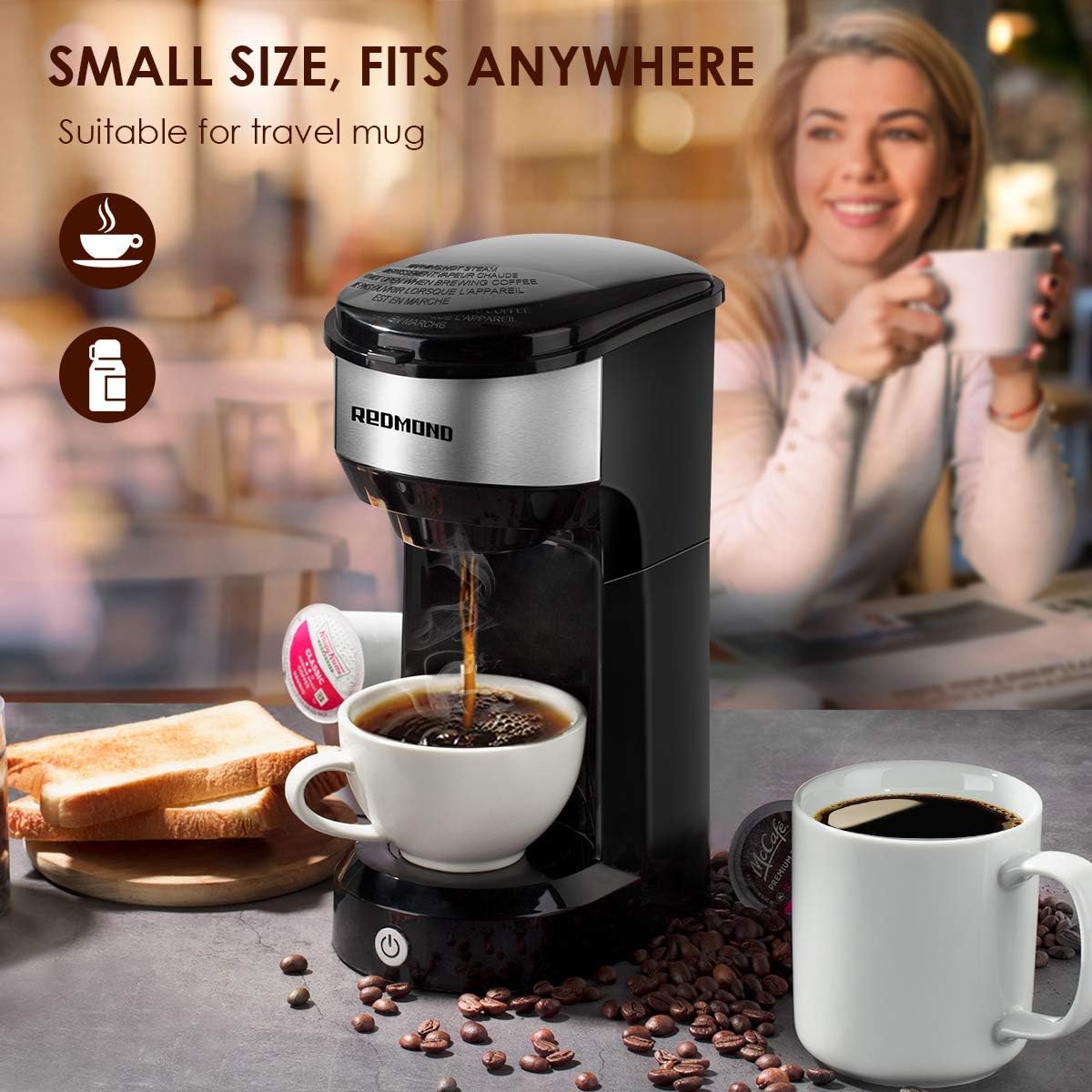 REDMOND Single Cup Coffee Maker Brewer, Compatible With Single Serve Pod & Grounds, 1000W, 6 to 14 OZ Brew Sizes, 90s Fast Brewing, One Button Operation, Black, CM001