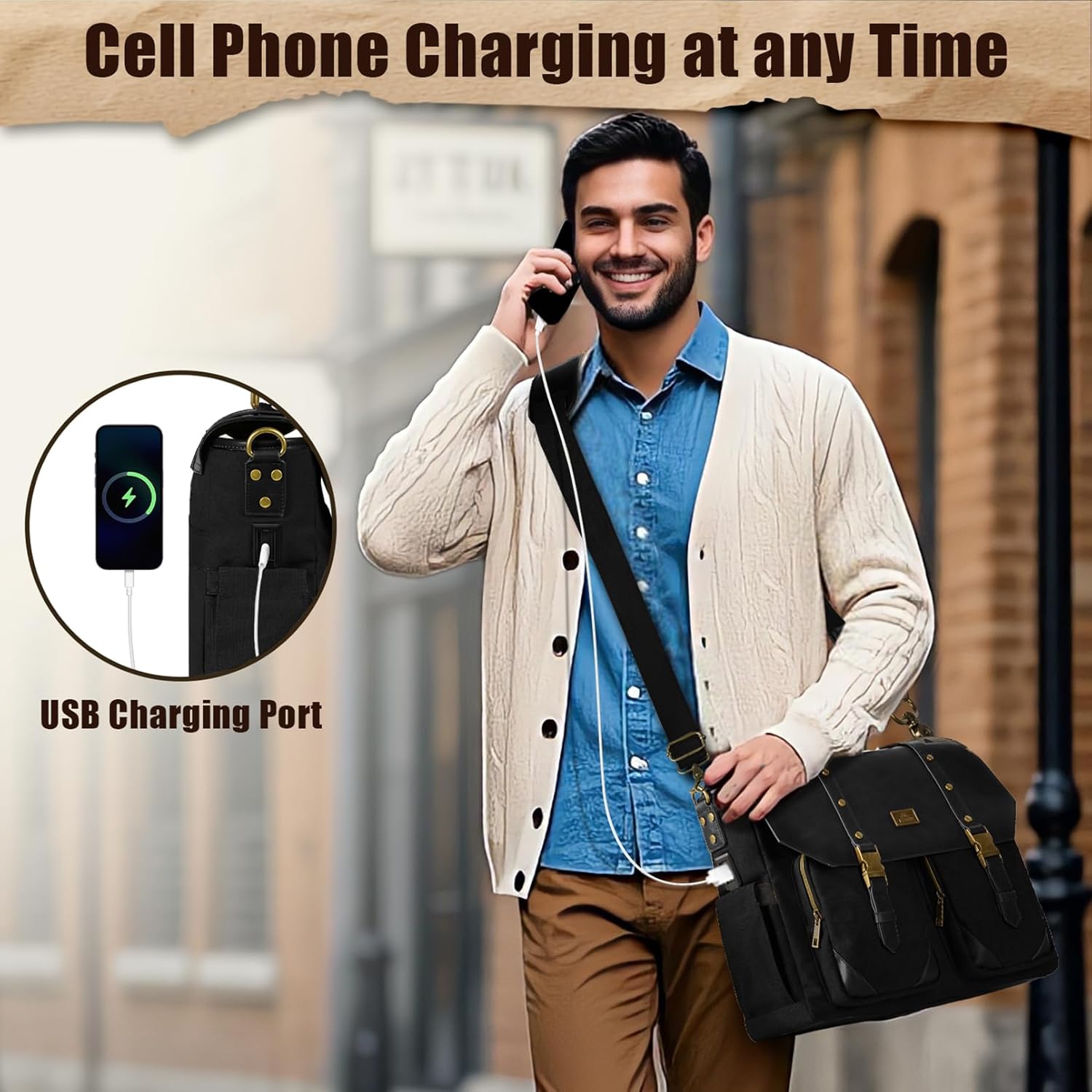 MATEIN Canvas Work Bag with USB Charging Port & RFID Blocking, 15.6 Inch Laptop Messenger Bag Vintage Briefcase for Men, Water Resistant Business Computer Satchel Crossbody for Commuting Travel, Black