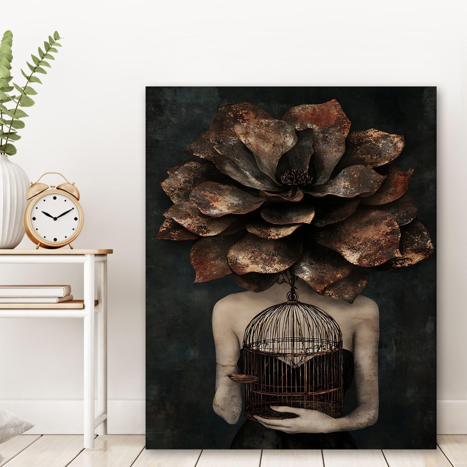 TOANGWALL Piękna elegancka dziewczyna z kwiatami we włosach płótno farby kobieta trzymająca ptak plakat sztuka ścienna do salonu dekoracja domu 50 x 60 cm rama wewnętrzna