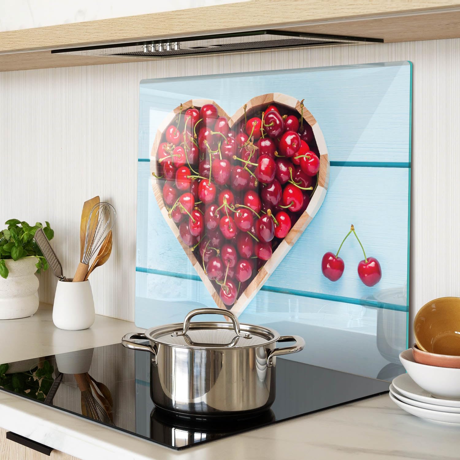 Tagliere in Vetro 60x52 cm con Stampe da Cucina Durevole e Igienico Rettangolare Resistente al Calore con Piedini Antiscivolo Antigraffio Facile da Pulire - Cuore di ciliegie
