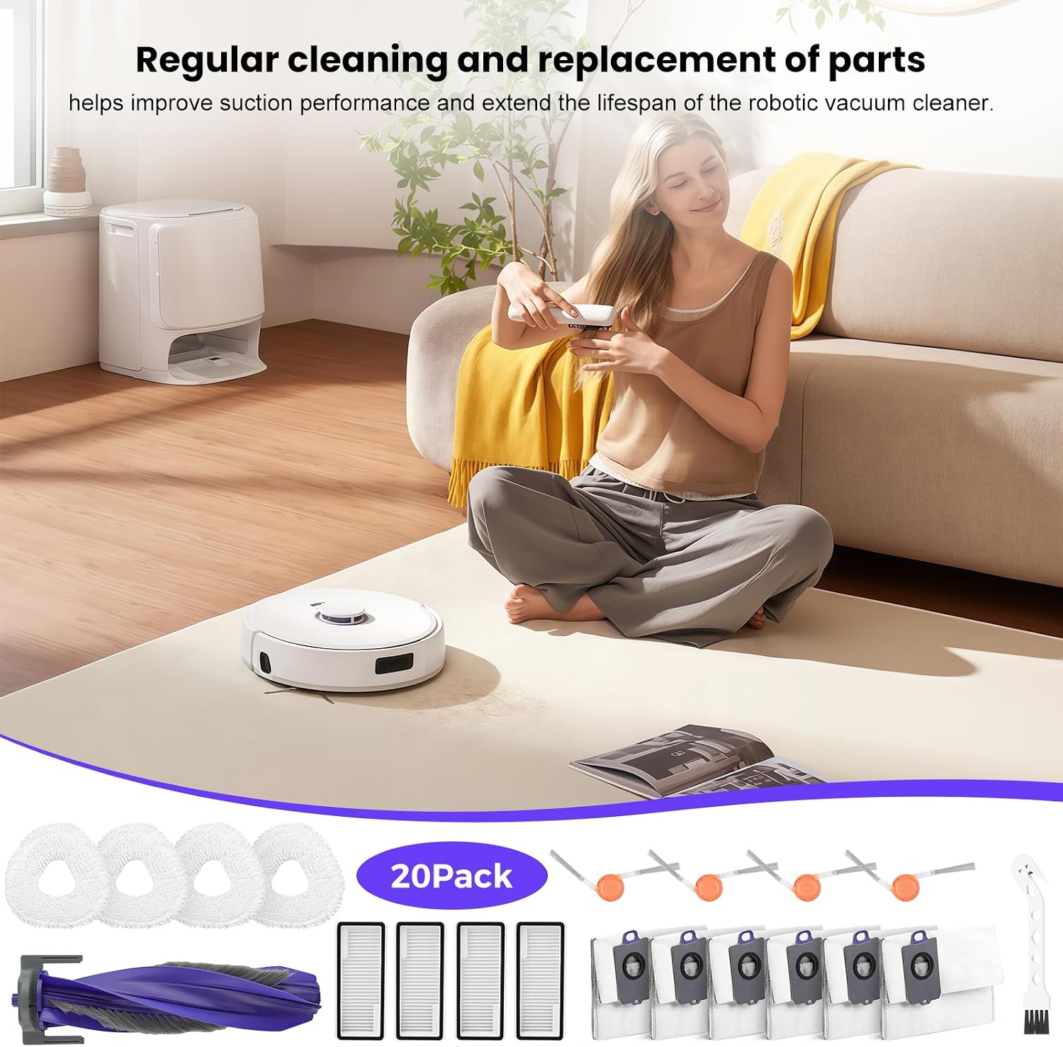 20 Pcs Accessories kit for NARWAL Freo X10 Pro Robot Vacuum, 1 Main Brush, 6 Dust Bags, 4 Hepa Filters, 4 Mop Pads, 4 Side Brushes, 1 Clean Tool, Replacement Parts with Narwal Freo X10 Pro