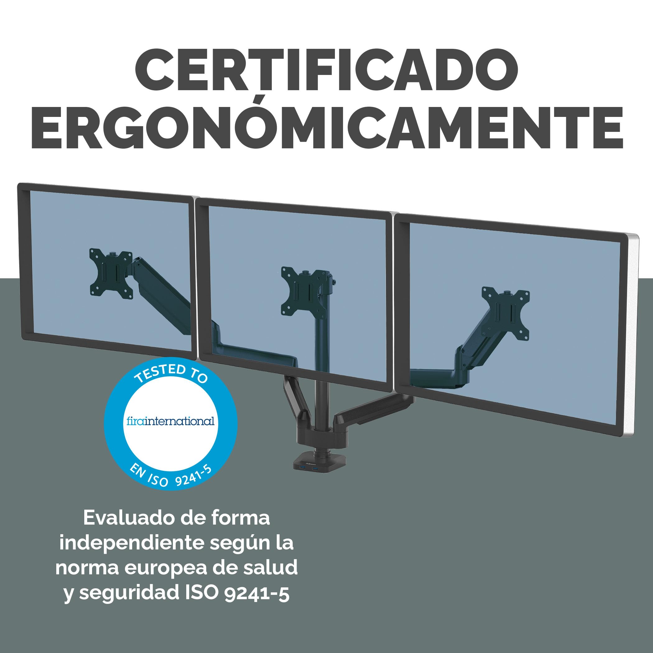 Fellowes Brazo para Monitor Triple Platinum Series - Soporte para monitor ajustable, con funciones de inclinación, giro y rotación y con 2 puertos USB - Tamaño máximo del monitor 27", Negro