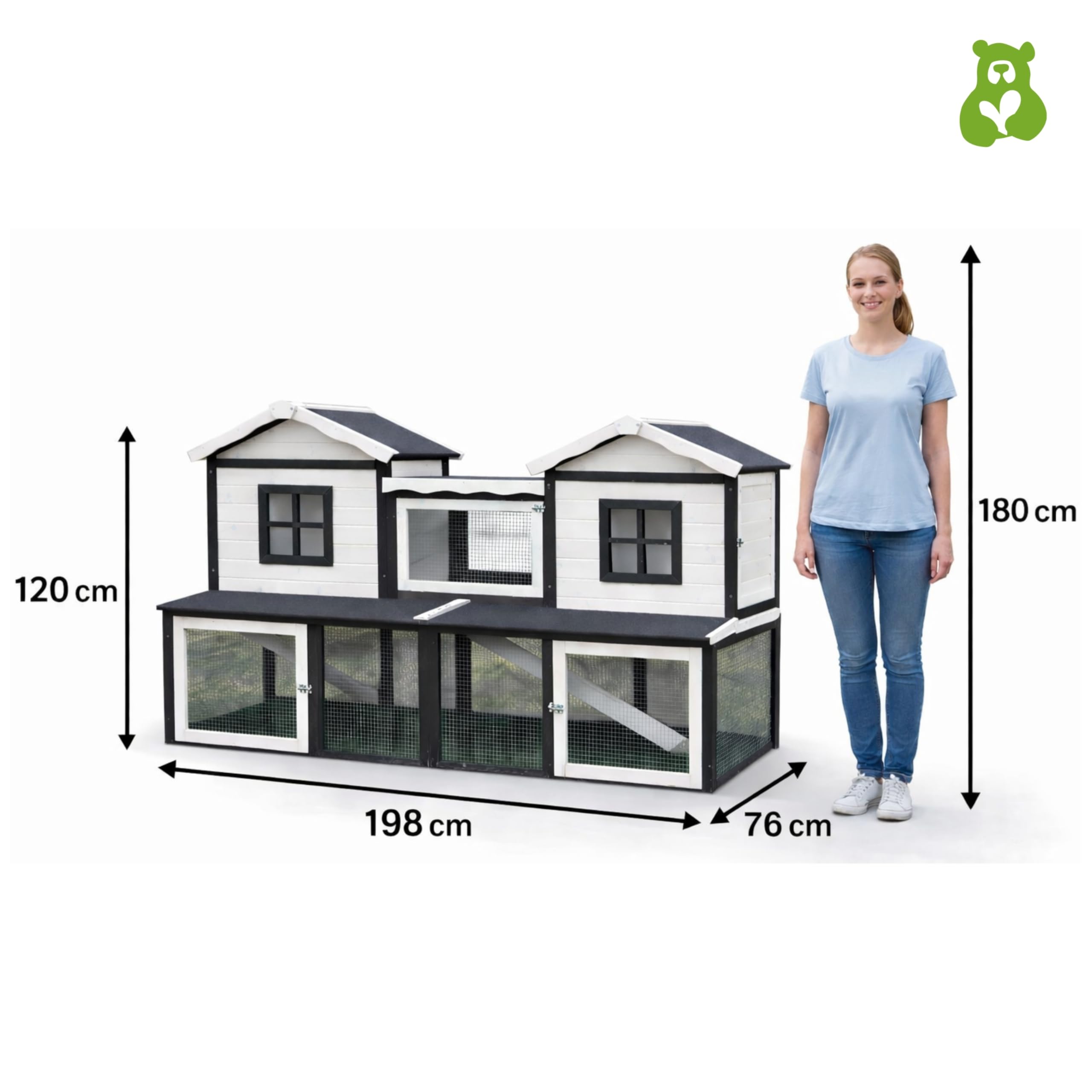 nanook Premium Hasenstall Kleintierstall Kaninchenstall XXL groß artgerecht mit Freilauf Gehege ideal für draußen 197 x 85 x 112 cm - braun weiß - 2 Ebenen