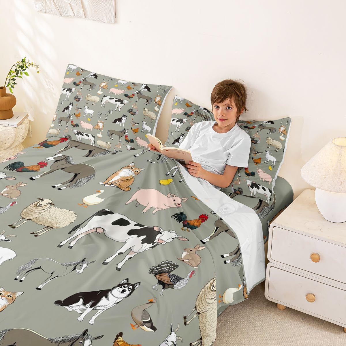 Feelyou Cow Bed Sheets Cartoon Cat Dog Horse Sheet Set for Kids Boys Girls Teens Room Farm Animal Collection Decor Bed Sheet Set Farmhouse Style Bed Set 4Pcs Queen Size