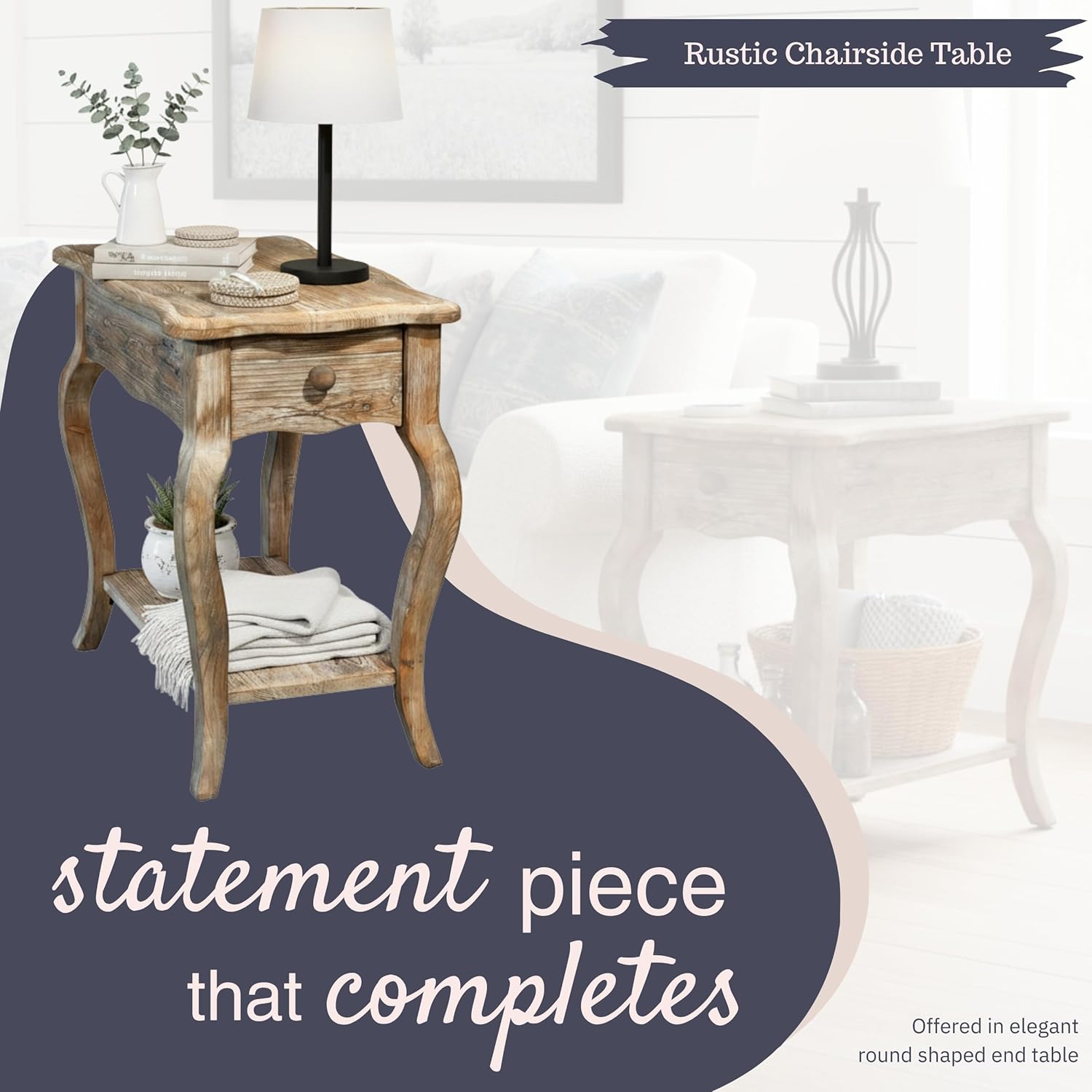 Alaterre Furniture Austerity Living Room Tables – 15 Inch Narrow Chairside Table with Drawer, Shelf, Scalloped Edges, & Curved Legs – Rustic Accent Side Table in Driftwood Finish