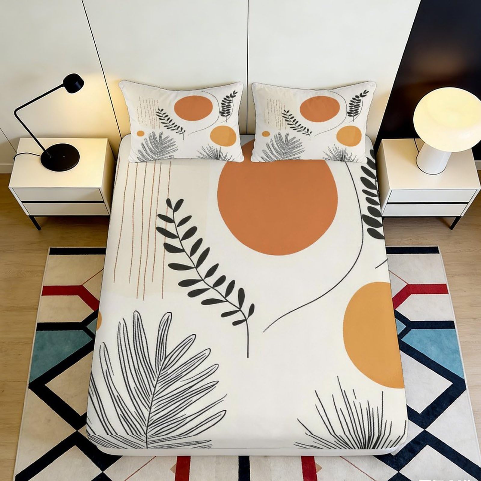 3D Printed Abstract Leaf Fitted Sheet Microfiber Orange Geometric Mattress Cover for Bedroom Guest Room Home Decor 90x200x25cm