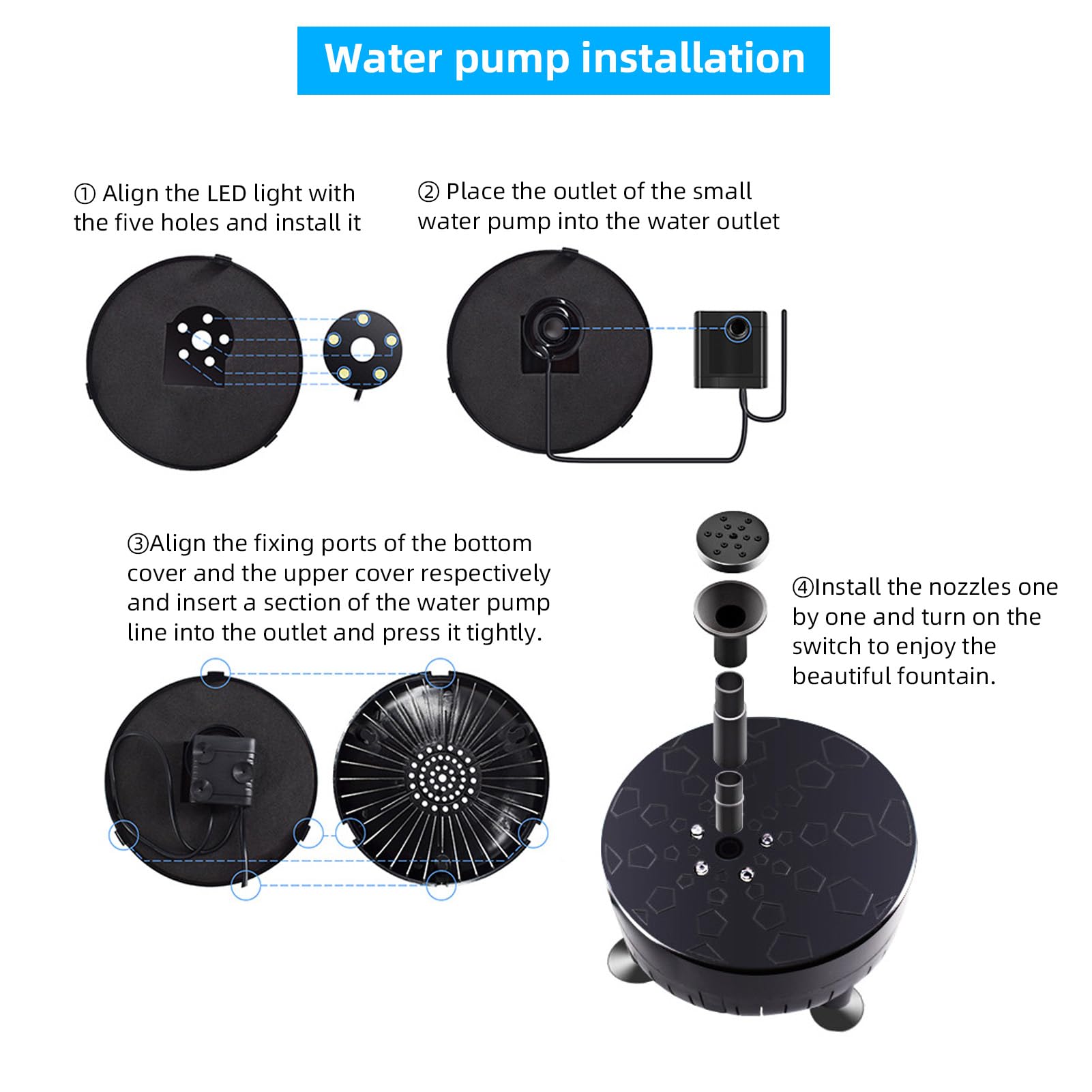 Matybobe Bomba de Agua Solar con Luz de Color de 5 LED 7 Piezas Kit de la Boquilla de la Boquilla Bomba Solar de la Fuente Solar 170L/H