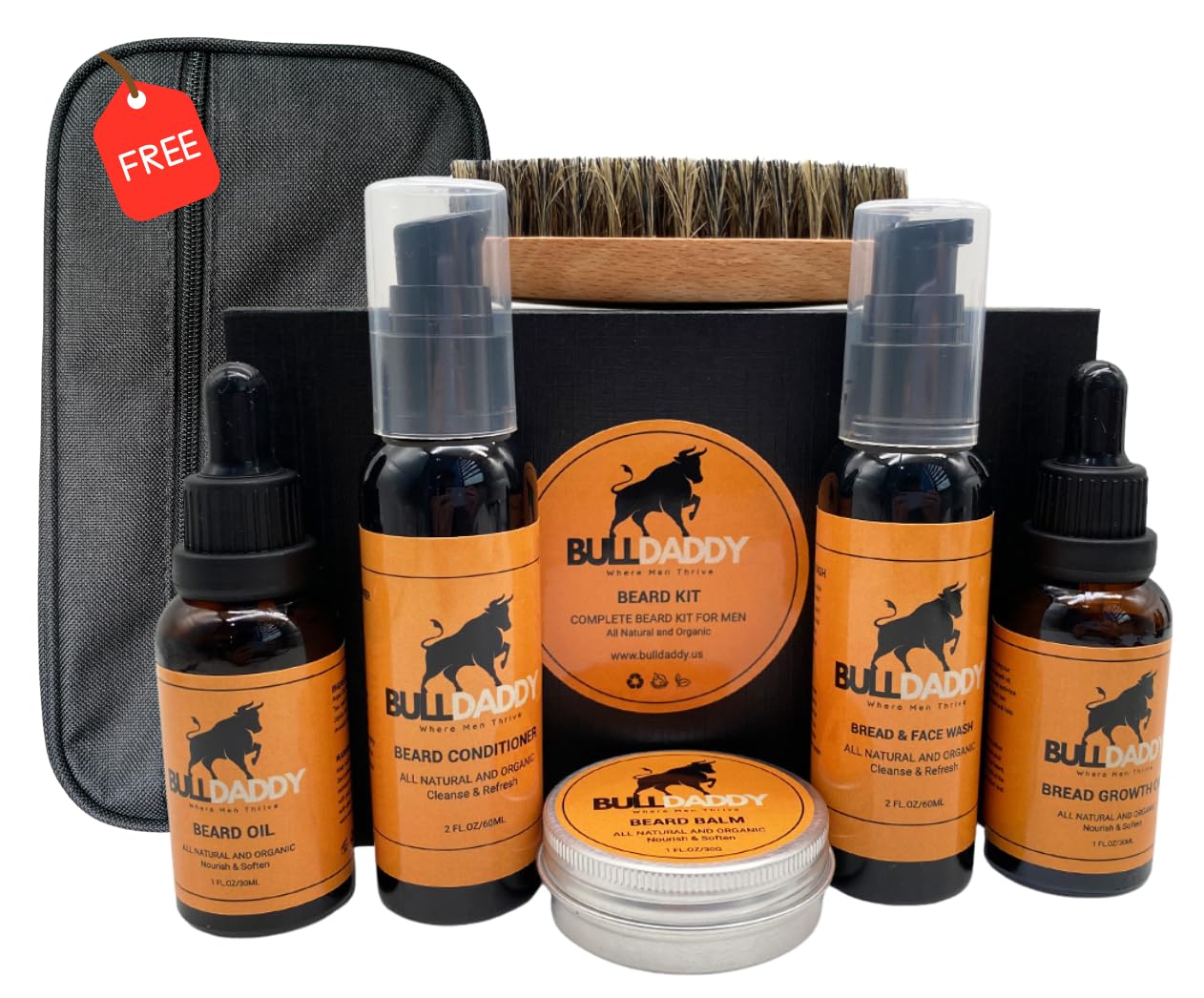 BullDaddy Beard Growth Kit - Beard Brush, Beard Oil, Beard Balm, Beard & Face Wash, Beard Conditioner, Beard Growth Oil, Free Toiletry Bag - Complete Beard Grooming Kit with Gift Box