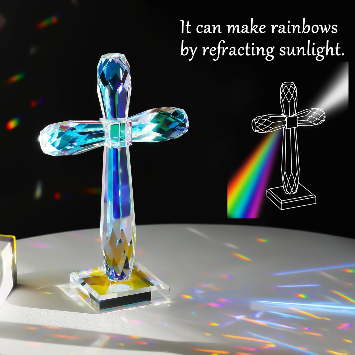 YWHL Colorful Crystal Standing Cross Decor, Handmade Glass Holy Cross Collectible Figurines Decoration, Religious Gifts for Women Men, Christian Easter Cross for Home Office Decor