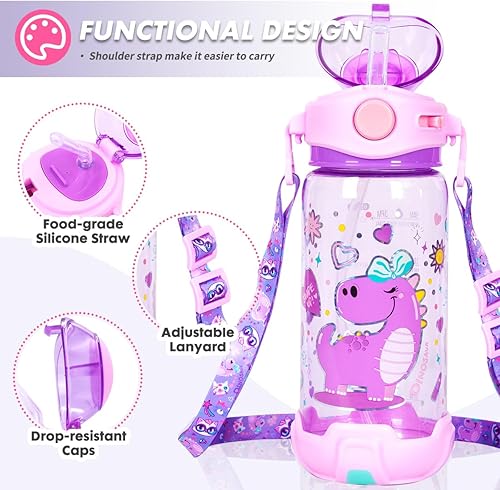 Miniatura 2 de Botella de agua para niños con popote, para la escuela, niños y niñas, botella de agua potable de 22 onzas sin BPA, apertura de un solo clic, tapa