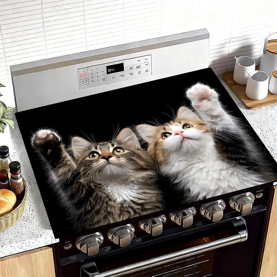 Tapete de fogão 71 x 51 cm Dois adoráveis gatinhos levantando patas juntos em fundo preto profundo design de arte de gato detalhado tema animal aconchegante decoração de cozinha para amantes de gatos