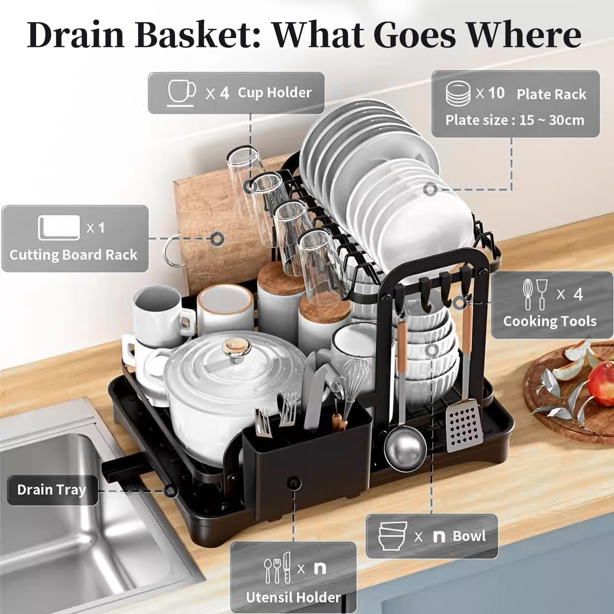 2 Tier Kitchen Dish Drainer Rack Stainless Steel with Drip Tray for Bowls Plates Cups Set, 2-Layer Cup Drying Rack with Sink and Utensil Holder for Counter - Black
