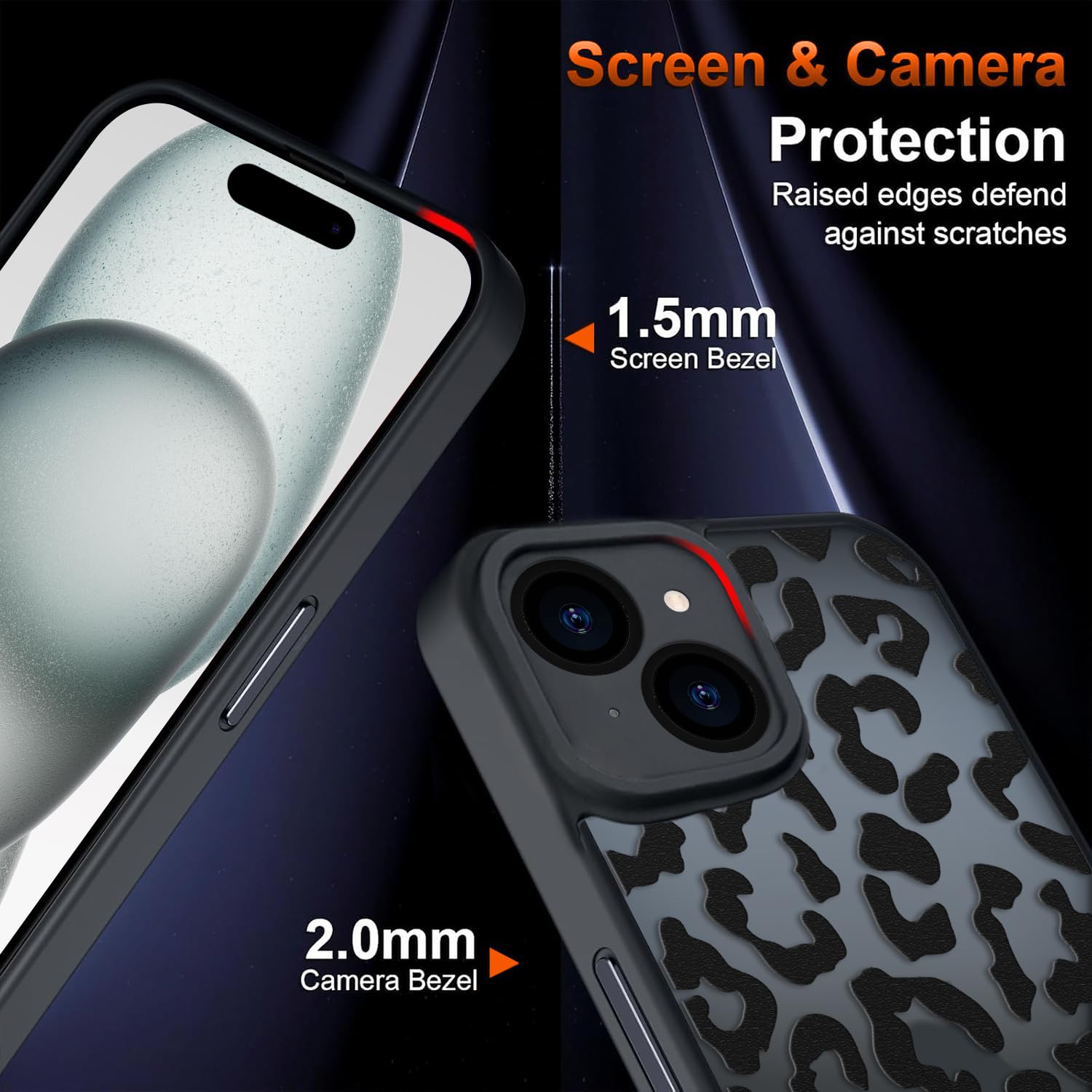 Coqinen Cover per iPhone 15, Custodia Traslucida Opaca Case con Moda Leopardata Aesthetic Motivo, Sottile Antiurto PC + TPU Bumper Protettiva, Nero