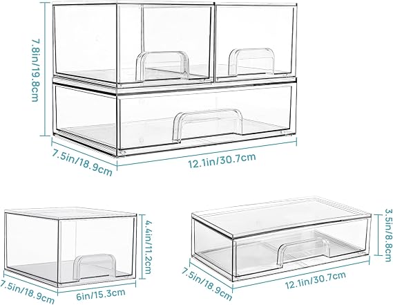 Vtopmart 3 Pack Clear Small Stackable Storage Drawers, Acrylic Bathroom Makeup Organiser, Plastic Storage Box For Vanity, Under Sink, Kitchen Cupboard, Pantry, Home Organization