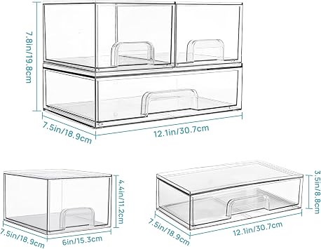 Vtopmart 3 Pack Clear Small Stackable Storage Drawers, Acrylic Bathroom Makeup Organiser, Plastic Storage Box For Vanity, Under Sink, Kitchen Cupboard, Pantry, Home Organization