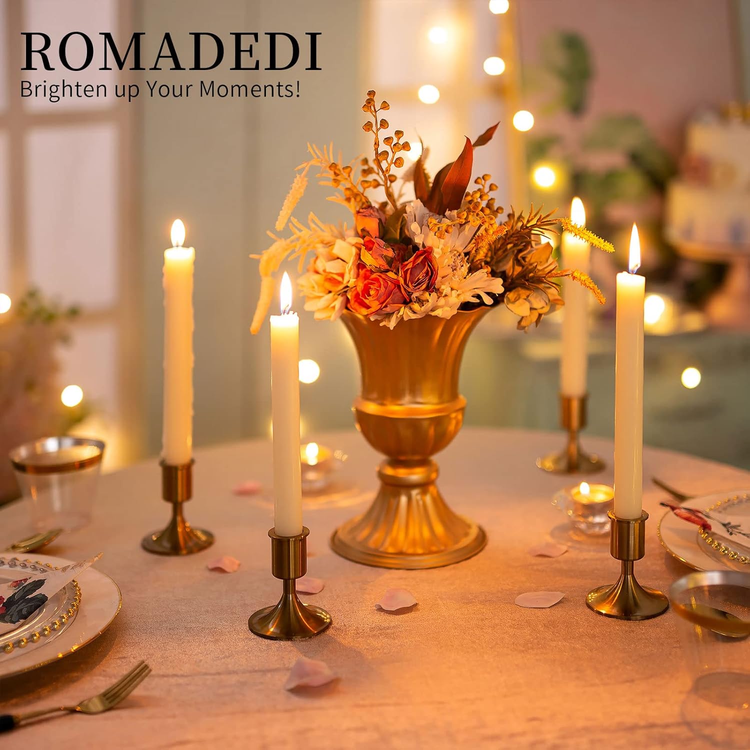 Candlestick Holders Taper Candle Holders, Romadedi Gold Candle Stick Candle Holder for Table Centerpiece, Wedding Reception, Festive Christmas Mantel Decoration or Home Decor, Set of 12