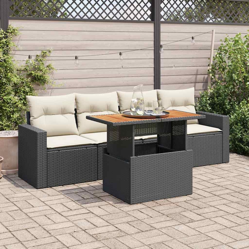 Outdoor Patio Sectional Sofa Couch Garden Sofa Set Black PE Rattan 5-Piece Set Adjustable Armrests