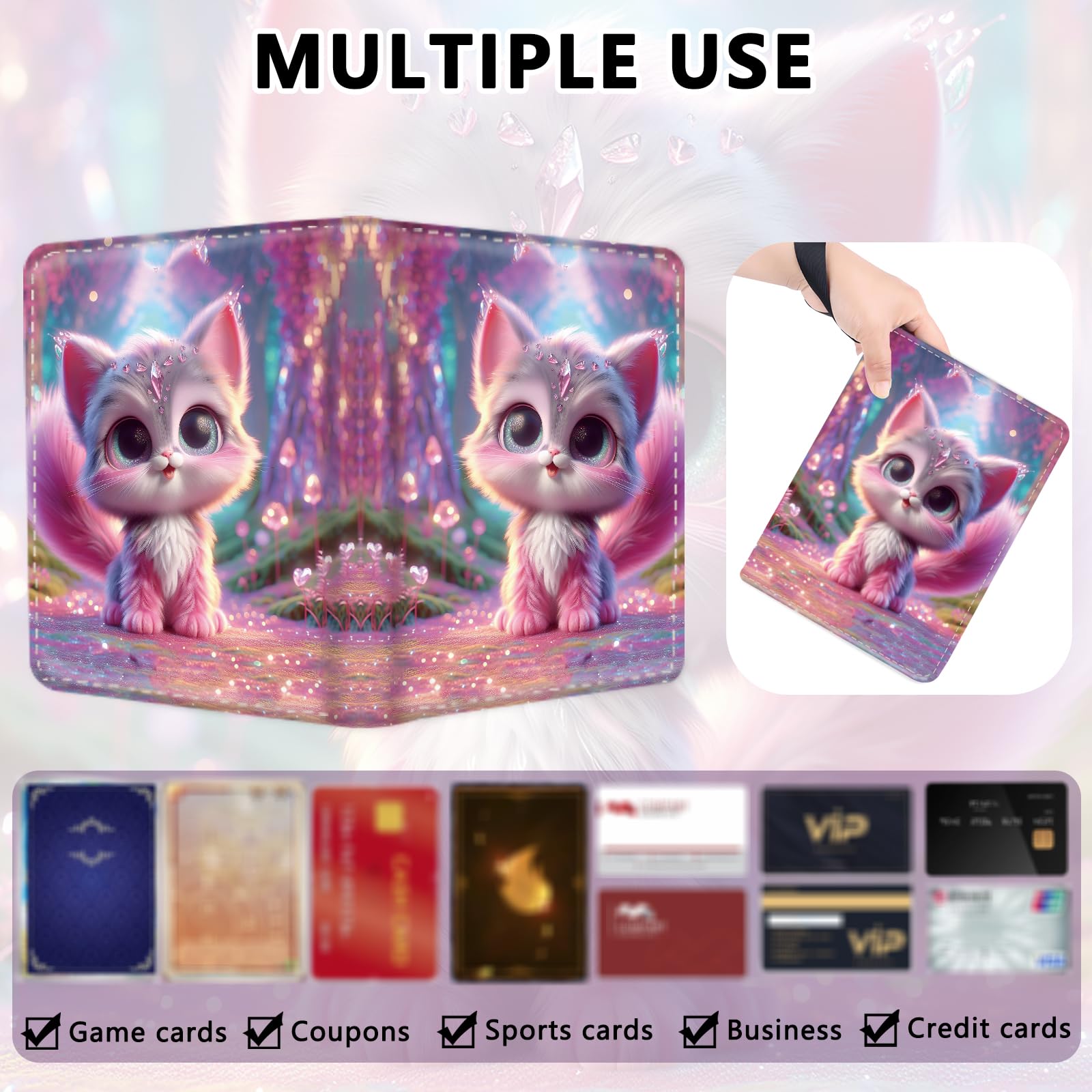 Raccoglitore per carte collezionabili a 4 tasche con 50 tasche rimovibili, capacità 400 scomparti con cerniera, per MTG, TCG e carte sportive (simpatico gatto rosa)