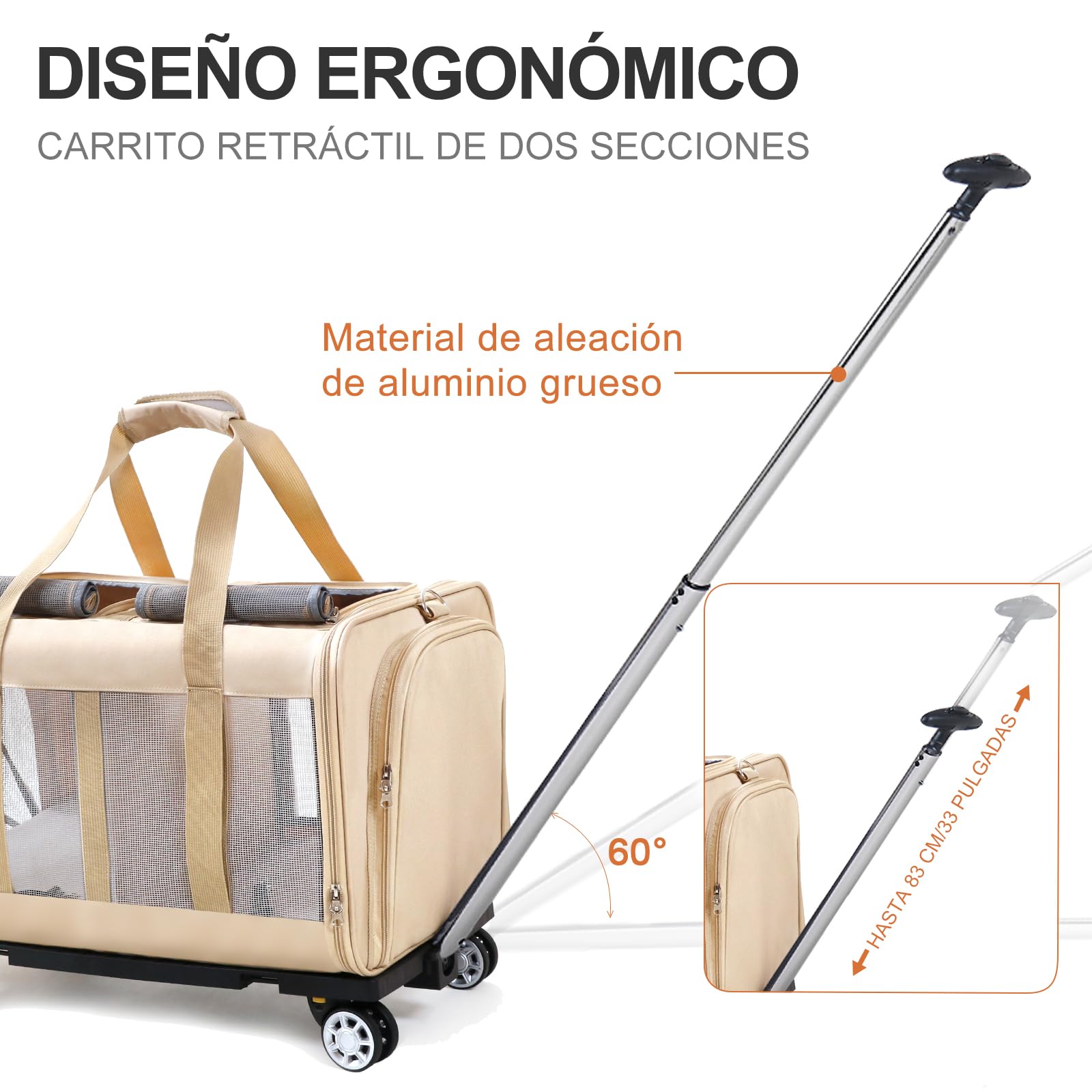 Transportín Doble para 2 Gatos con Ruedas - 2 Compartimentos Independientes,Base Extraíble y Correas de Seguridad - Transpirable - Ideal Viajes en Coche/Veterinario (55x44x33 cm)