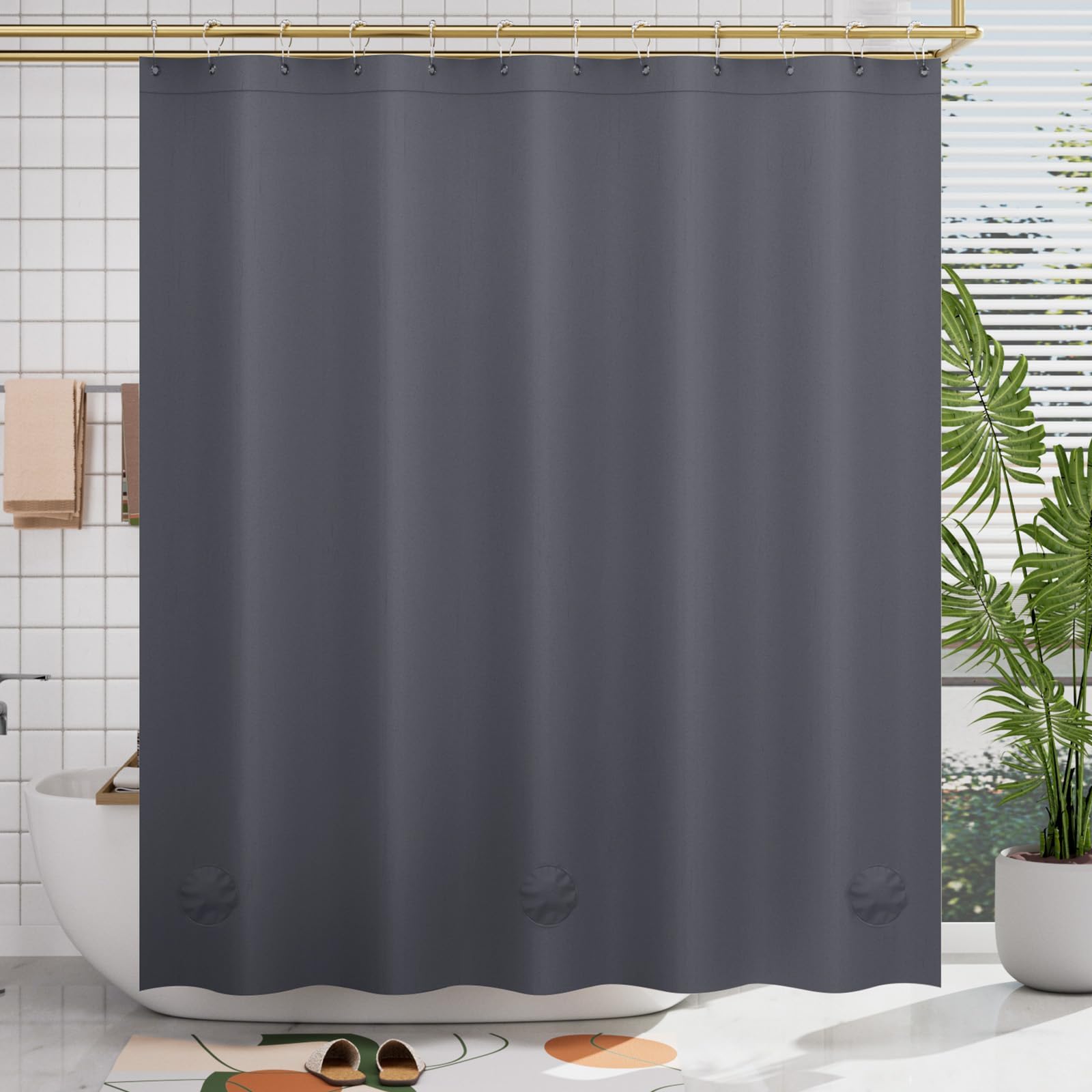 Dark Grey Shower Curtain Plastic, PEVA Shower Curtain Heavy Duty, Gray Shower Curtains for Bathroom, Waterproof Shower Curtain 72x72 with 3 Big Weighted Stones and 12 Rustproof Grommets
