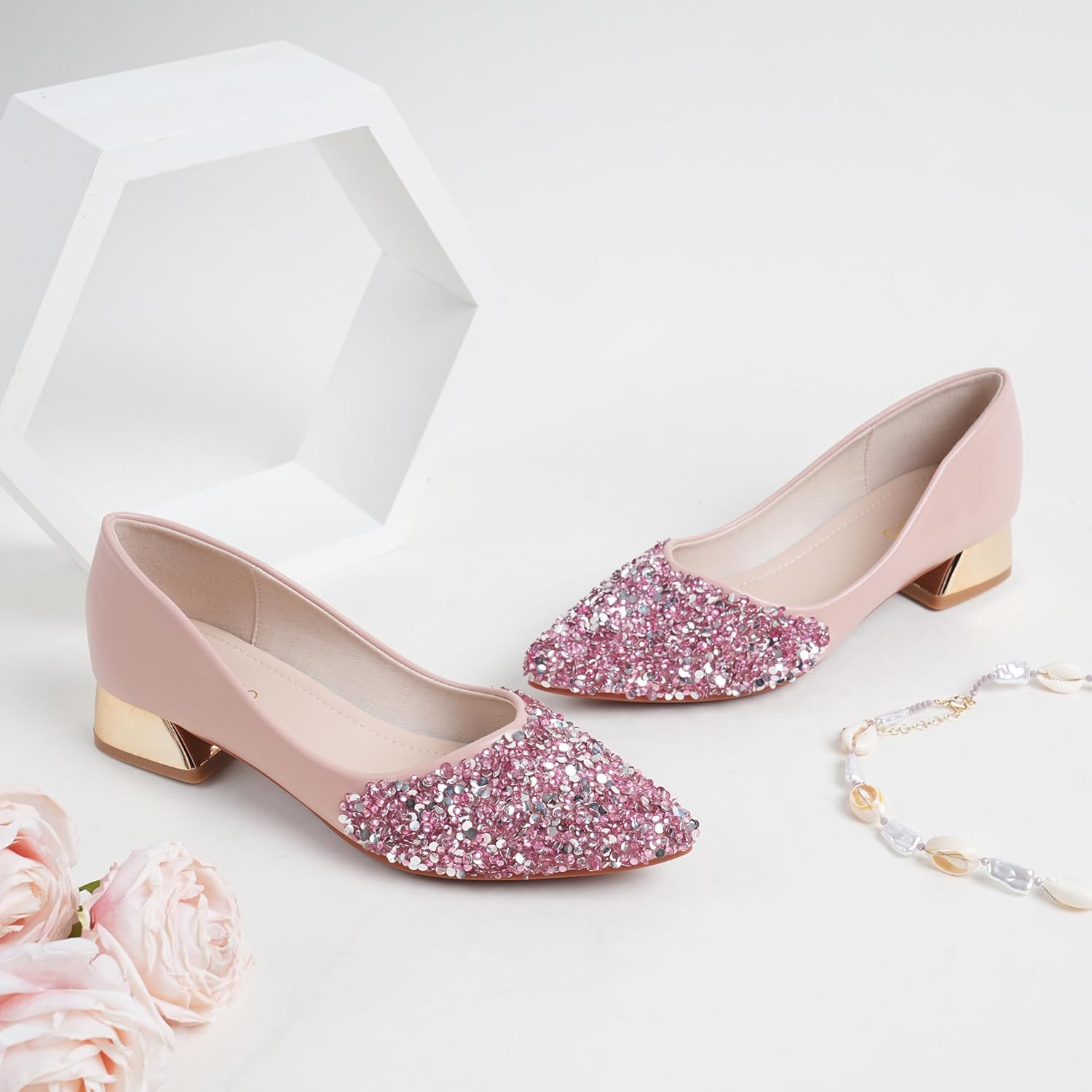 Women's Pumps, Closed Toe Chunky Heels for Women, Comfortable Work Pumps Shoes, Pointed Toe Rhinestones Dress Wedding Pumps for Women - Image 4