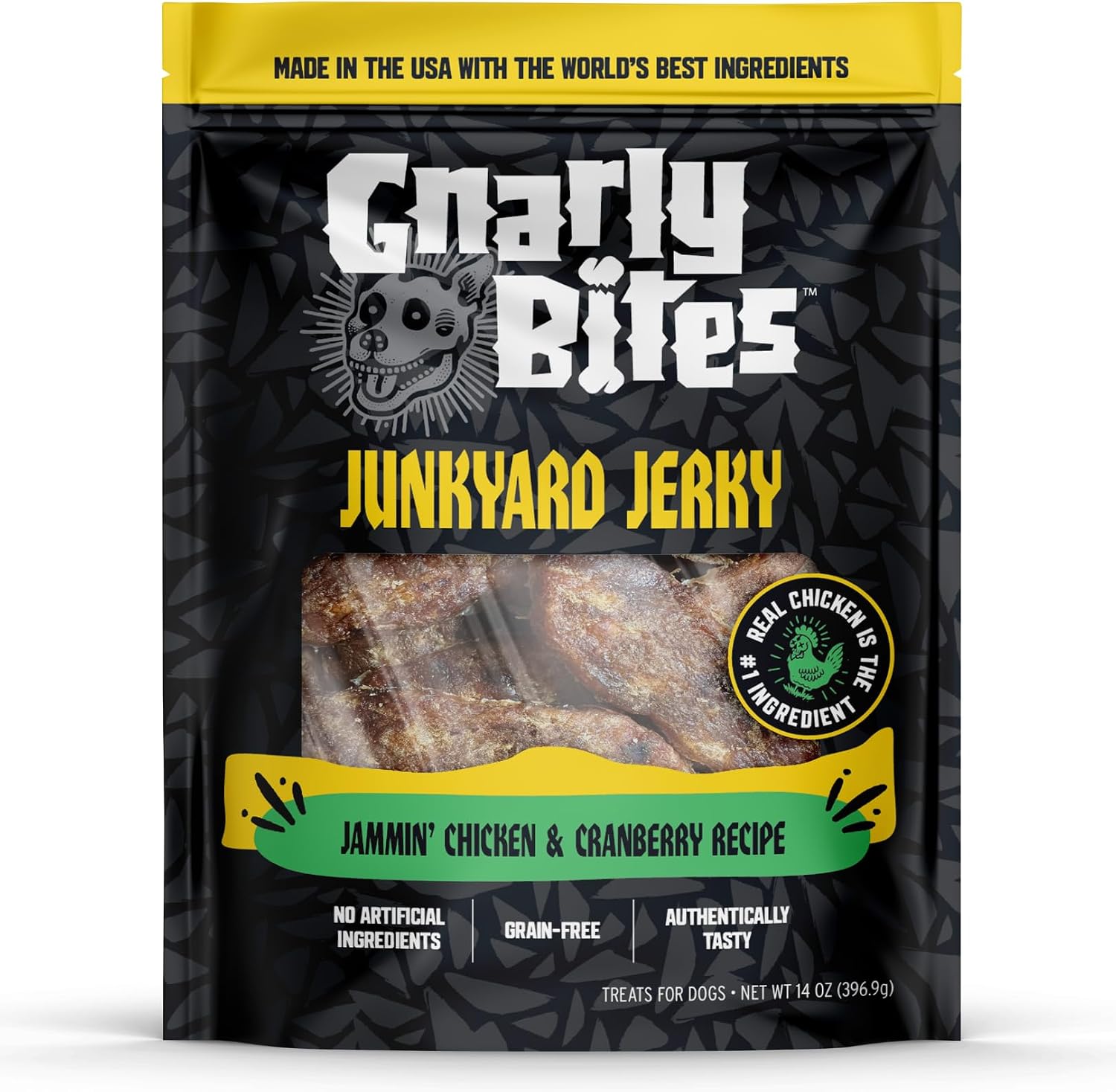 GnarlyBites Junkyard Jerky Dog Treats - Soft Chewy Chicken & Cranberry, Grain-Free Healthy Snacks for Puppies & Adult Dogs, 14oz
