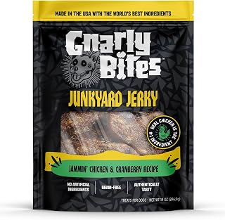 GnarlyBites Junkyard Jerky Dog Treats - Soft Chewy Chicken & Cranberry, Grain-Free Healthy Snacks for Puppies & Adult Dogs, 14oz