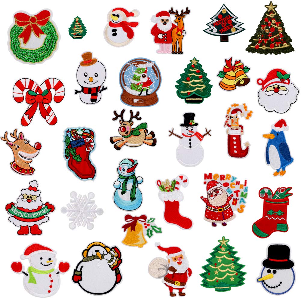 Christmas Iron-on Patch,30 Pack Santa Snowman Tree Snowfake Elk Sew-on Embroidered Patches,DIY Motif Applique Badges for Jeans Clothing Xmas Festival Party Decorative Decals