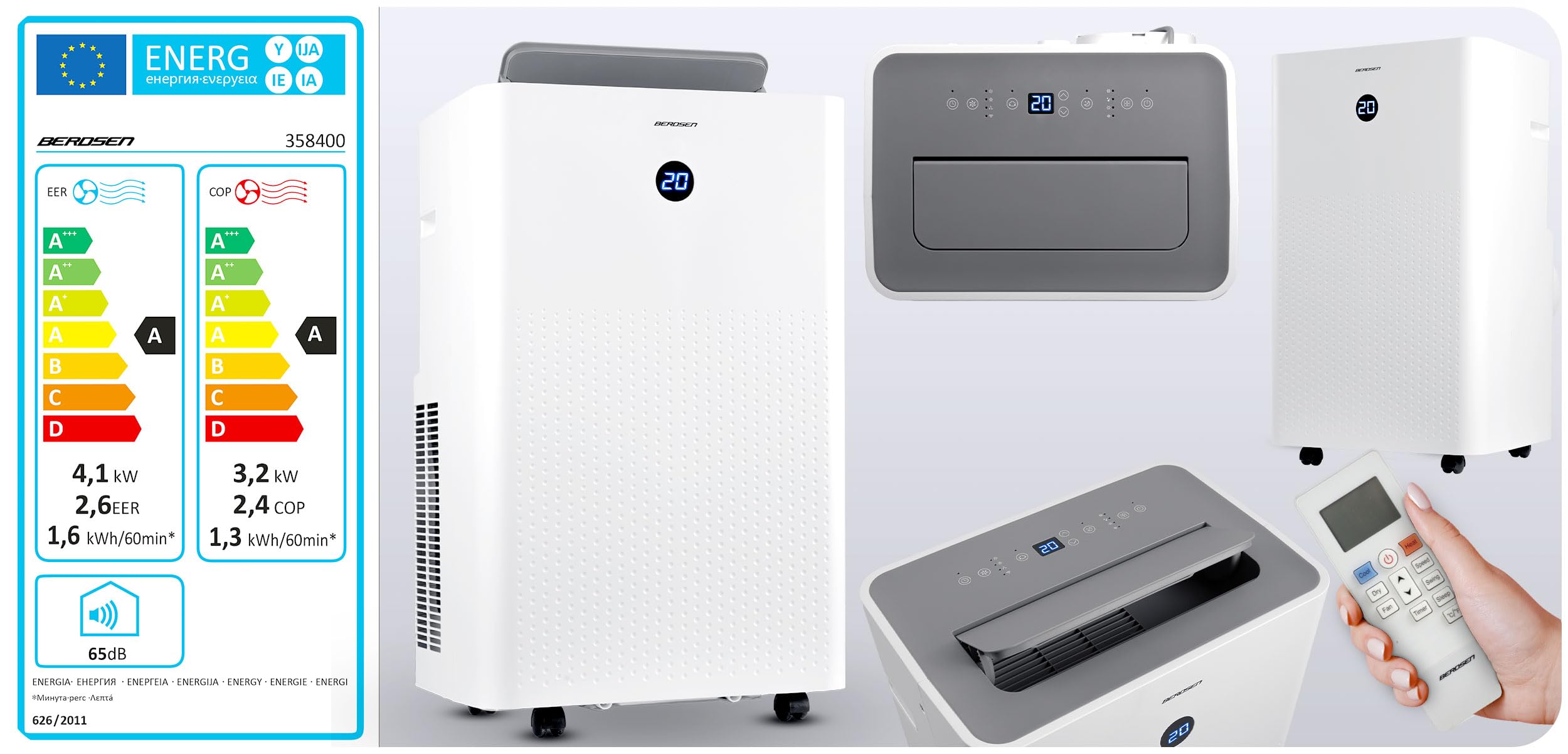 Berdsen Klimatyzator Przenośny 5w1-14000 BTU - Chłodzenie Ogrzewanie Osuszanie Wentylacja Tryb Snu - Aplikacja Tuya Smart - Energooszczędny