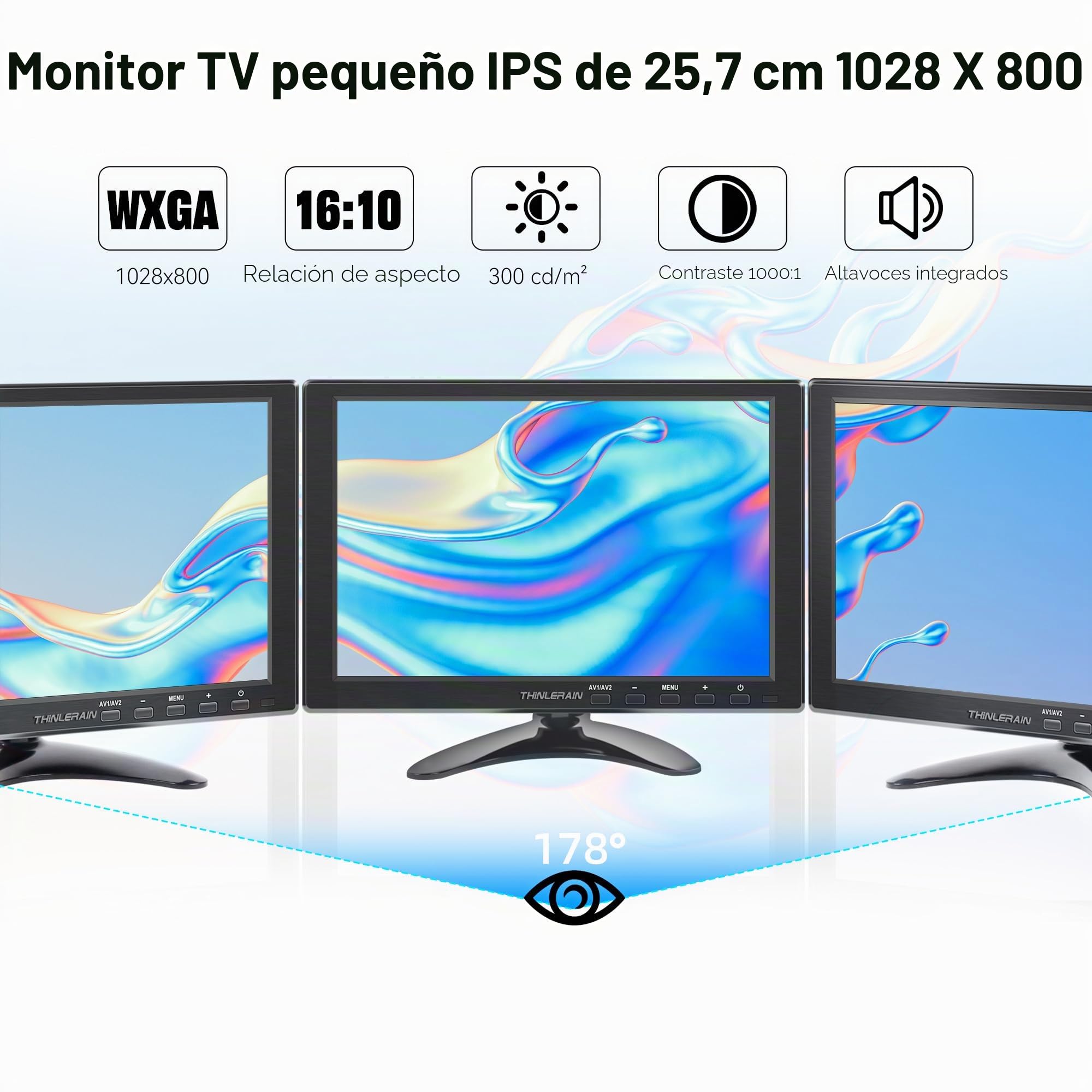 10,1 Pulgadas Monitor 1280 x 800 IPS 16:10 Pantalla LED Pequeña Monitor con HDMI/VGA/BNC/AV/Terminal/VESA/Compatible con PC PS3 PS4 Raspberry Pi Windows 7/8/10 CCTV Cámara