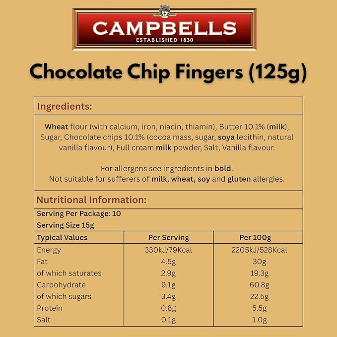 Galletas Campbells Shortbread Chocolate Chip Fingers 125g miniatura 2