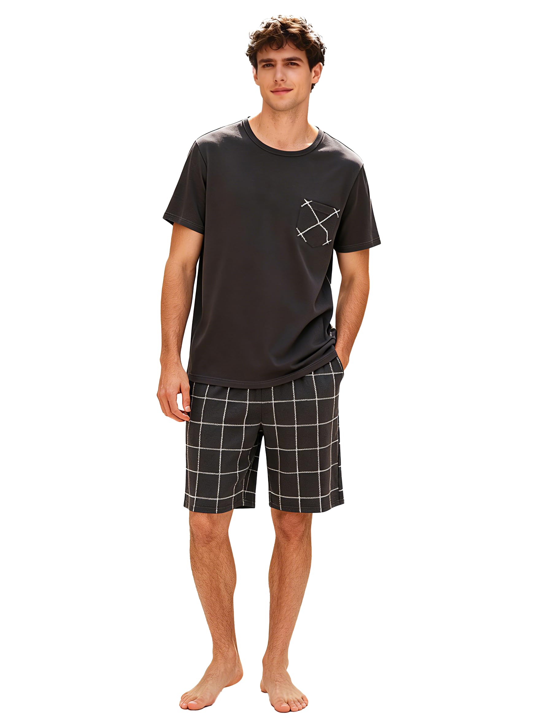 G.n Dreamer Men's Grey Pyjamas Shorts Set Cotton Crew Neck Pyjama Top Plaid Shorts Summer Loungewear Nightwear Soft Short Sleeve Pjs Sets