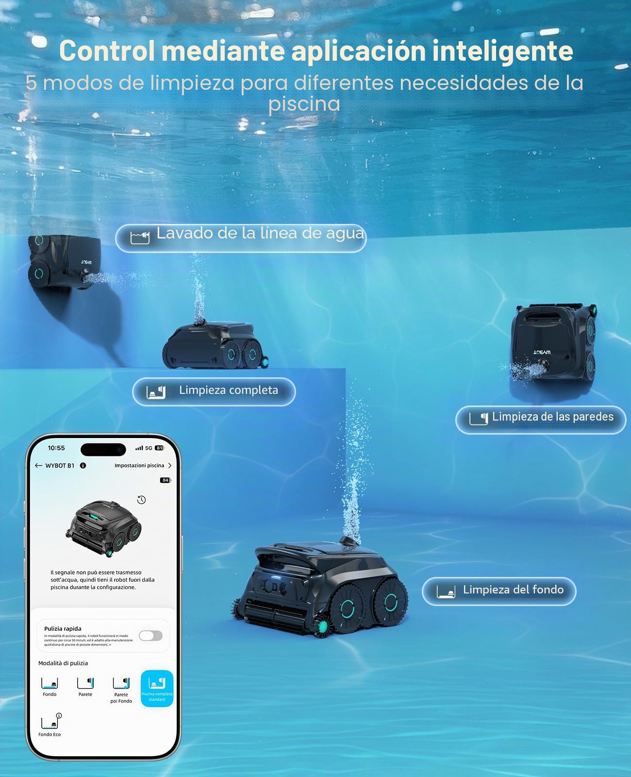 WYBOT OS600 Robot Piscina Limpiafondos, Inalámbrico, 120 Min Autonomía, Limpia Fondo Y Paredes, Navegación Inteligente, para Piscinas Enterradas Y sobre Suelo,Negro Verdoso
