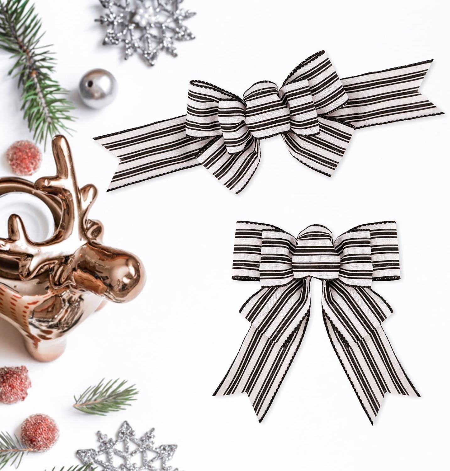 Meseey 2 Pcs Farmhouse Stripe Wired Ribbon Handmade Premade Black and White Striped Burlap Bows for Wreaths Tree Decorations Gift Wrapping Outdoor Decoration(Black and White Stripe)