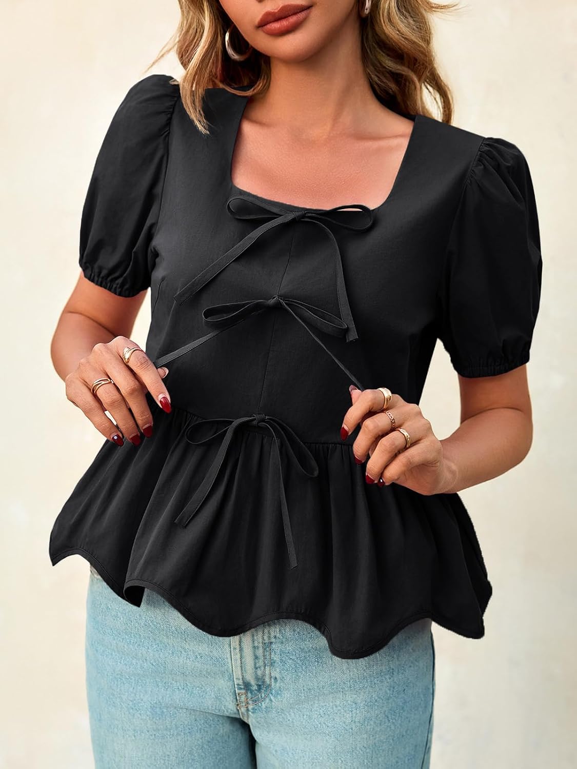 Tankaneo Womens Summer Peplum Babydoll Tops Square Neck Short Puff Sleeve Blouses Ruffle Cute Bow Shirts - Image 4