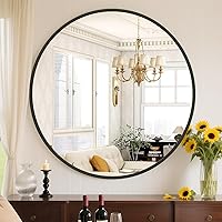 Sweetcrispy 24 Inch Round Black Wall Mirror - Shatterproof Tempered Glass, Rust-Resistant Aluminum Frame for Bathroom Vanity & Entryway
