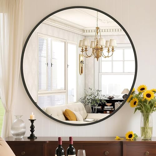 Sweetcrispy 24 Inch Round Wall Mirror - Anti-Fog Tempered Glass Bathroom Mirror, Waterproof & Shatterproof Black Frame for Vanity