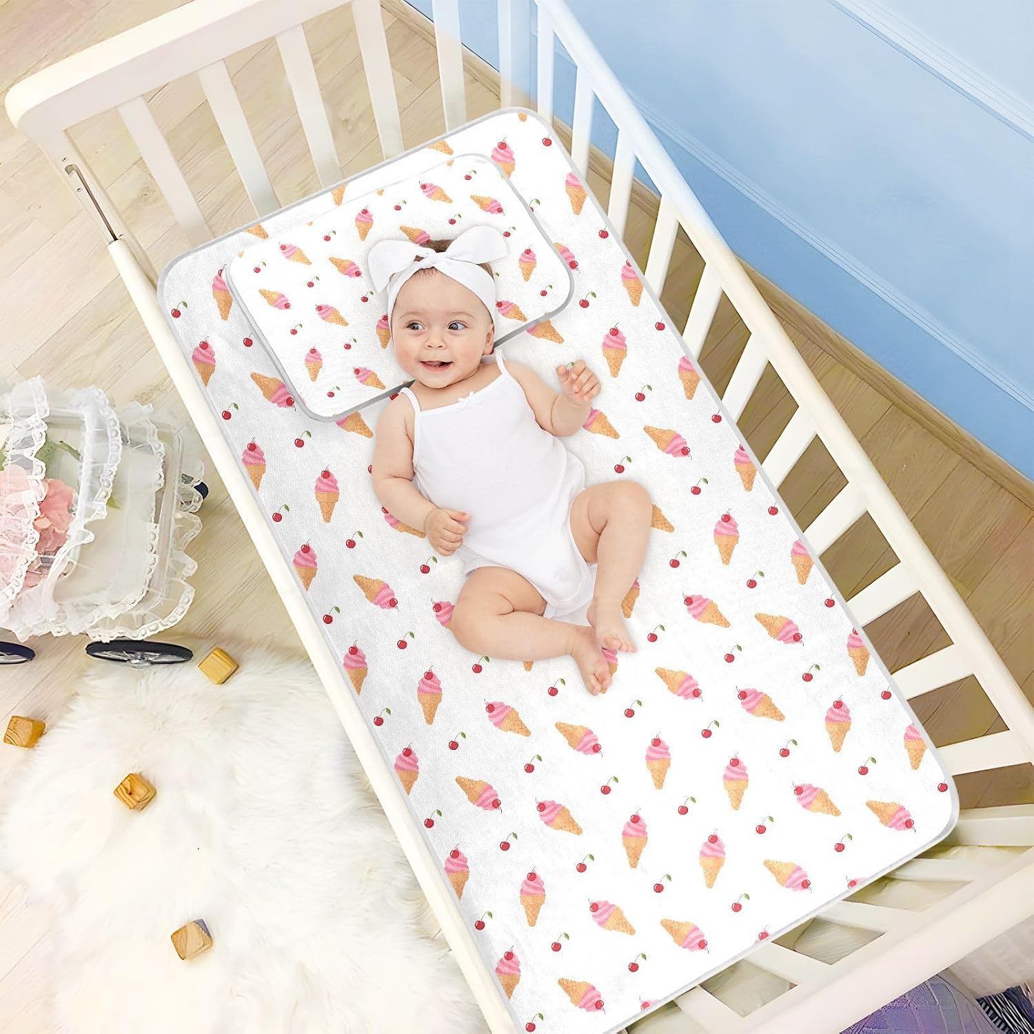 Baby Cooling Mat Ice Cream Cones Ice Silk Breathable Mesh Summer Crib Mattress Pad with Pillowcase, Soft Cooling Sleeping Surface for Infant & Toddler, 52"x28"