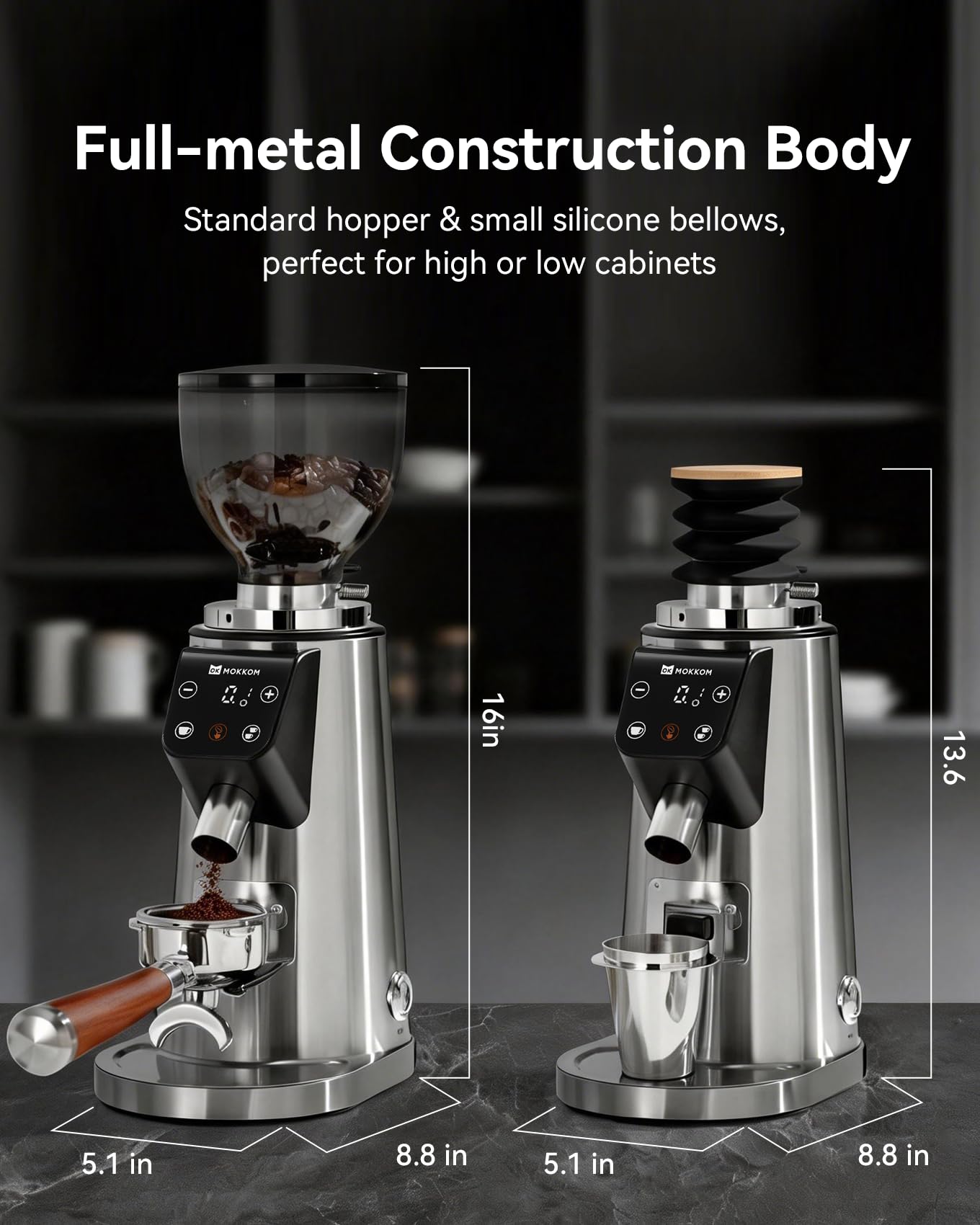 MOKKOM - Molinillo de café profesional de rebabas planas de 64 mm con 100 ajustes de molienda, cuerpo de acero inoxidable totalmente metálico, molinillo de granos de café con temporizador electrónico