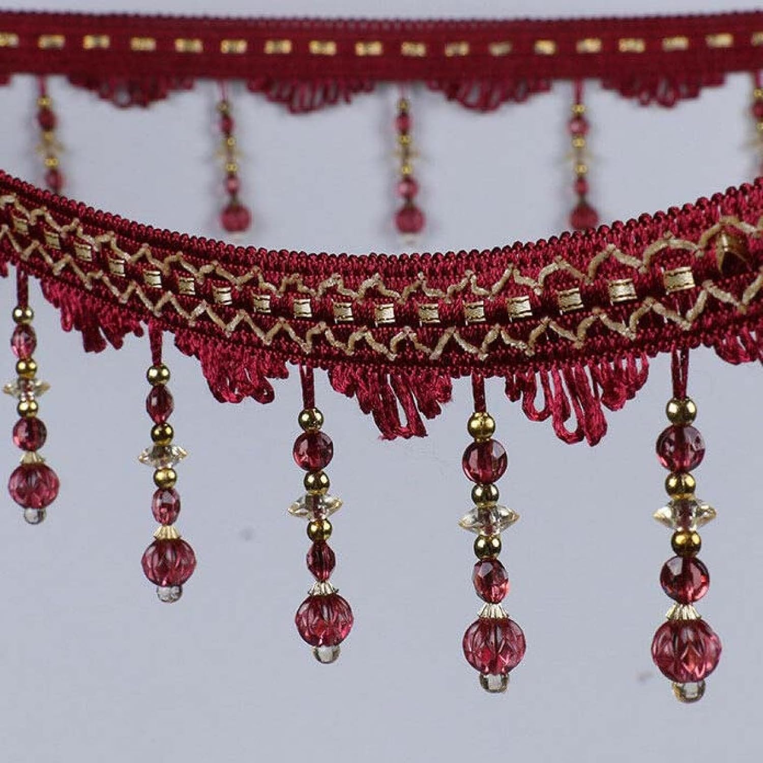 Curtain Tassels，Tassels for Sewing， 12 Yards Curtain Trims Crystal Beaded Pendant Tassel Fringe Hanging Beads Edging Braid Trimming Lace Lampshades Decor(Red)