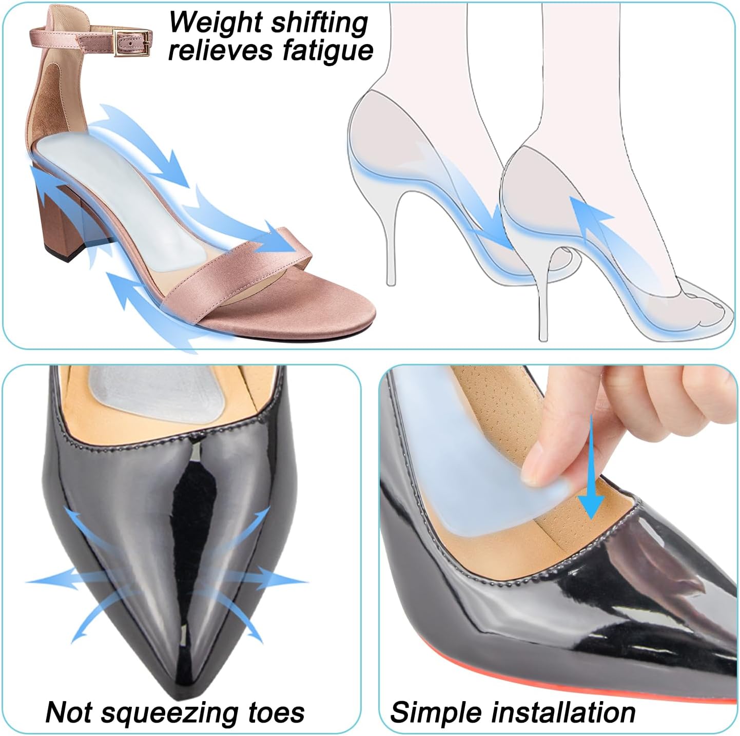 SOPROM Weight Shifting Insoles for High Heels, Gel Inserts Comfort Pads for Women Foot Pain Relief(Size: Large for US 10-11.5 Women Shoes, Color: Transparent Blue) image 4