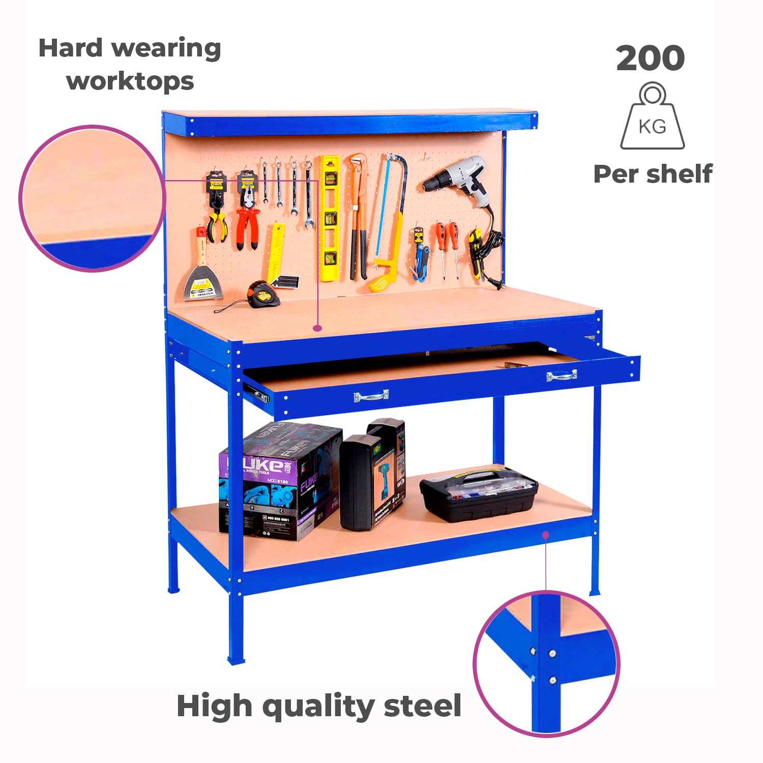 Neo Banco de trabajo de metal de acero banco de trabajo mesa de acero resistente clavija de acero cajón herramienta cobertizo de almacenamiento de garaje taller carpintería bricolaje (azul)