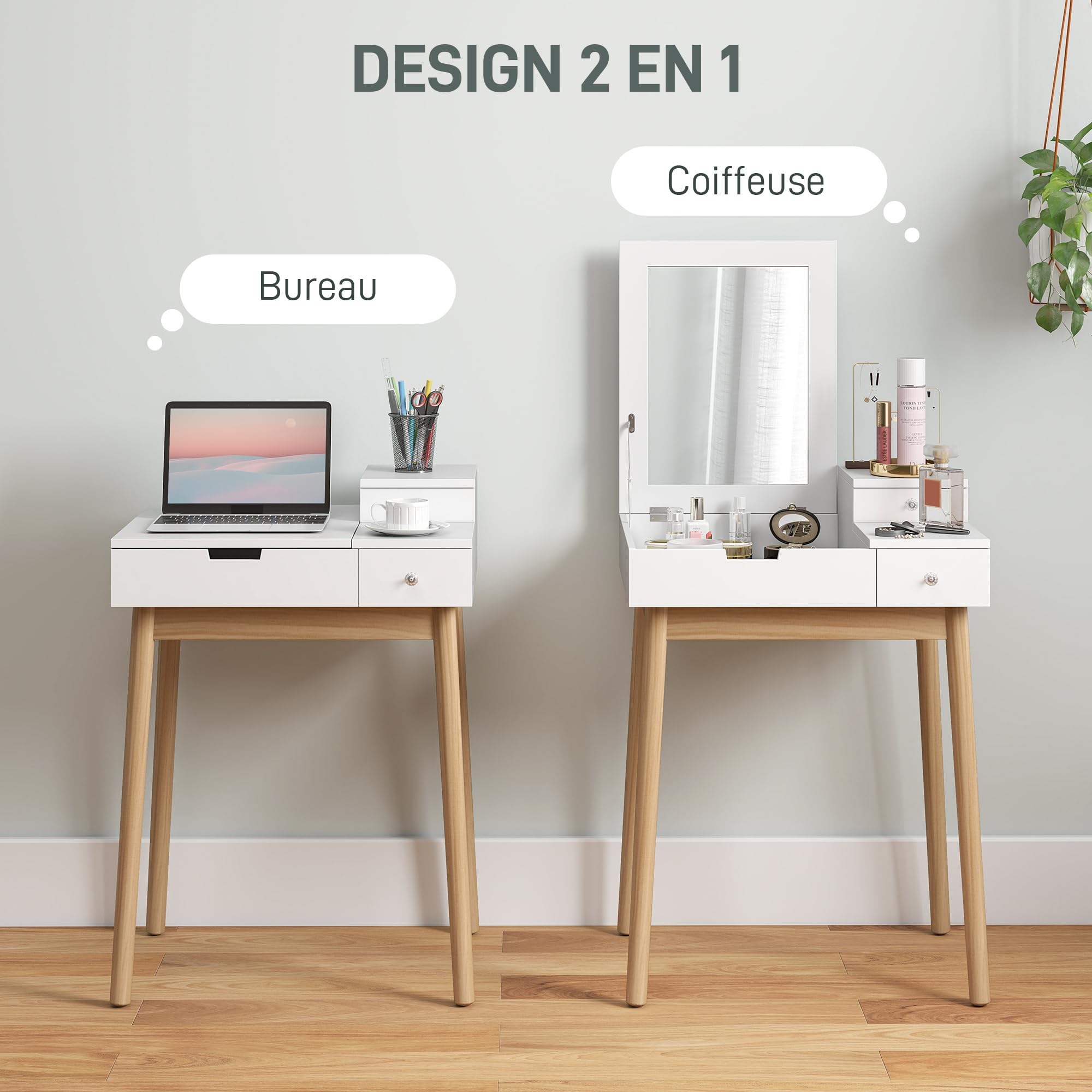 HOMCOM Coiffeuse avec Miroir Table de Maquillage Style Moderne - 2 tiroirs, Miroir Rabattable pour Chambre à Coucher, Salon, 60 x 50 x 85,5 cm Blanc