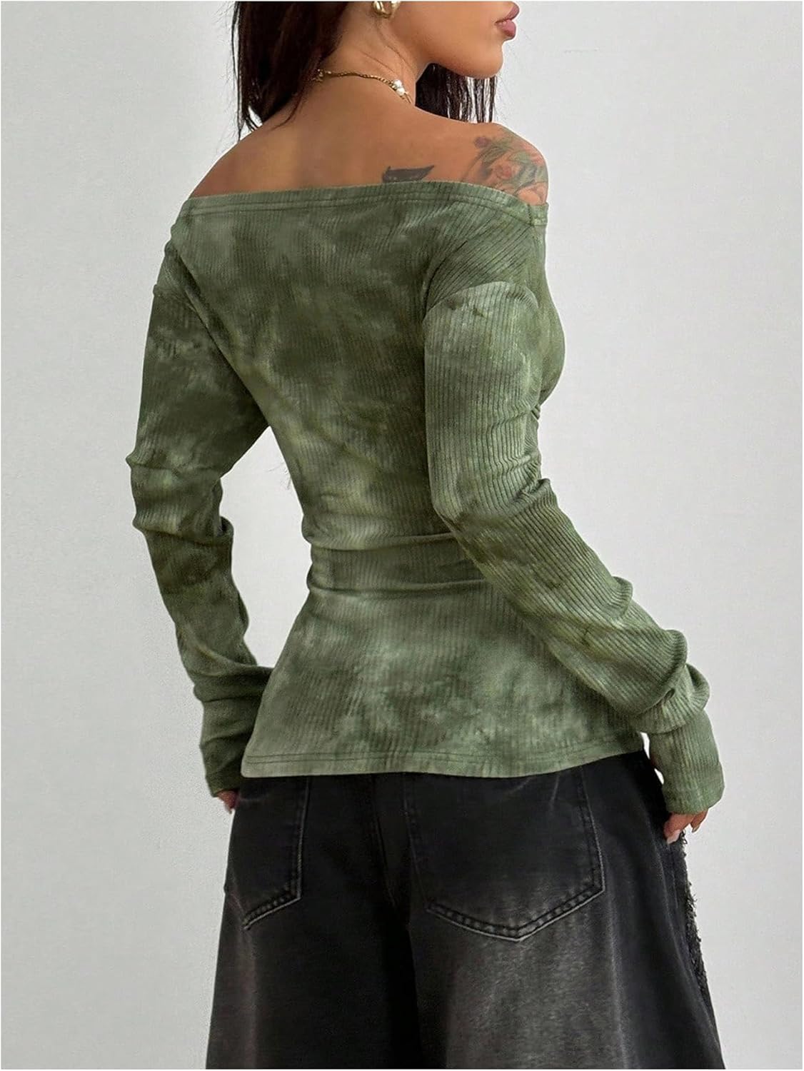 Women's Off Shoulder Tie Dye Tops Slim Fit Ribbed Knit Tops Long Sleeve T Shirts - Image 2