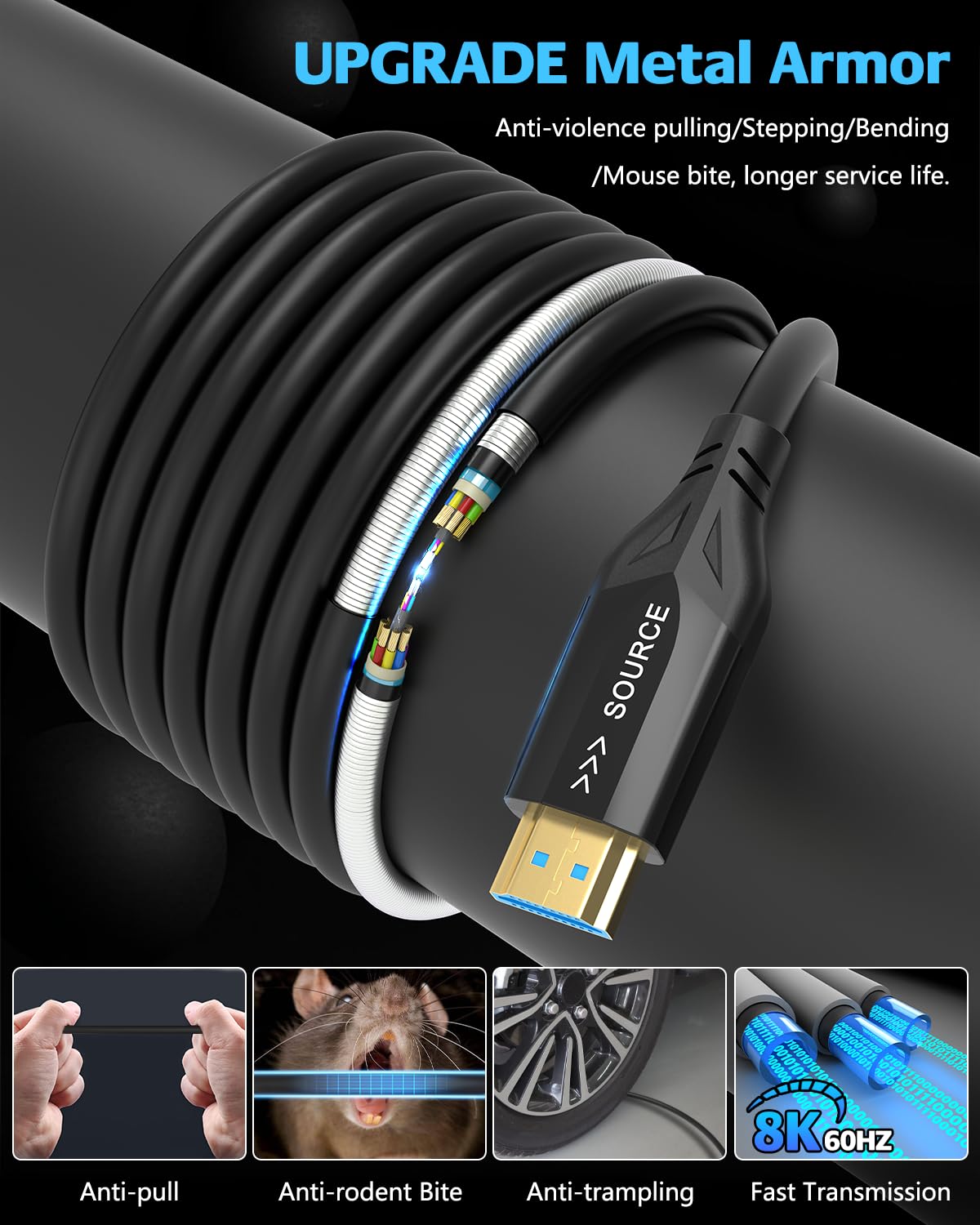 8K Fibre Optic Upgraded Outdoor Armored HDMI 2.1 Cable 100ft,Ultra High Speed 48 Gbps, 8K@60Hz 4K@120Hz Dolby Dynamic HDR eARC,Compatible with PS5/Xbox/LG Samsung Sony TV/Blu-ray/Monitor/Projector