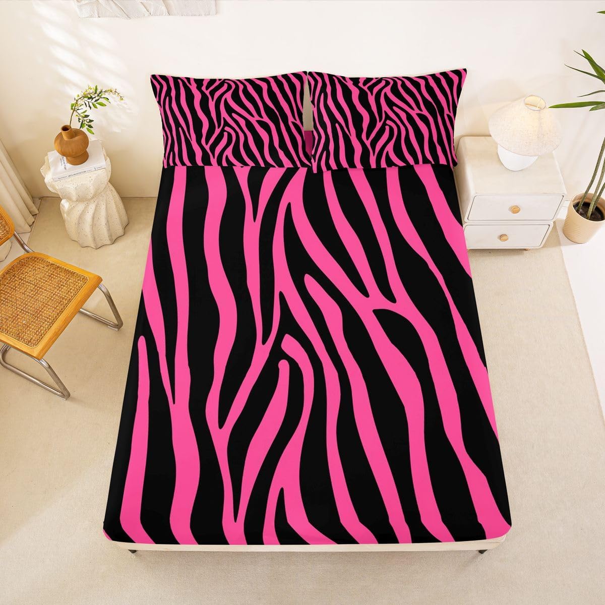 Y2K Zebra Print Kids Queen Size Bed Sheets,3-Piece,Deep Pocket